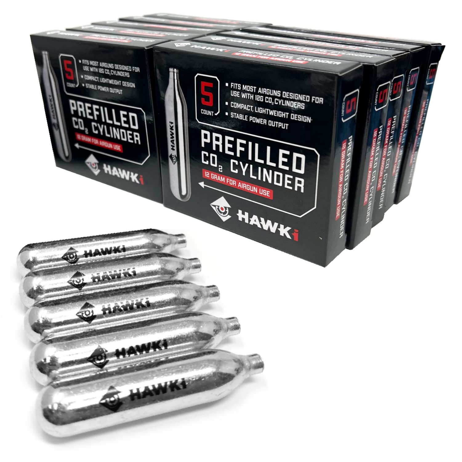 Hawki 12 Gram CO2 Cartridges - Premium Refills for Air Guns, BB Guns, Airsoft Pistols & Paintball Markers | Perfect for Target Shooting, Hunting & Outdoor Sports