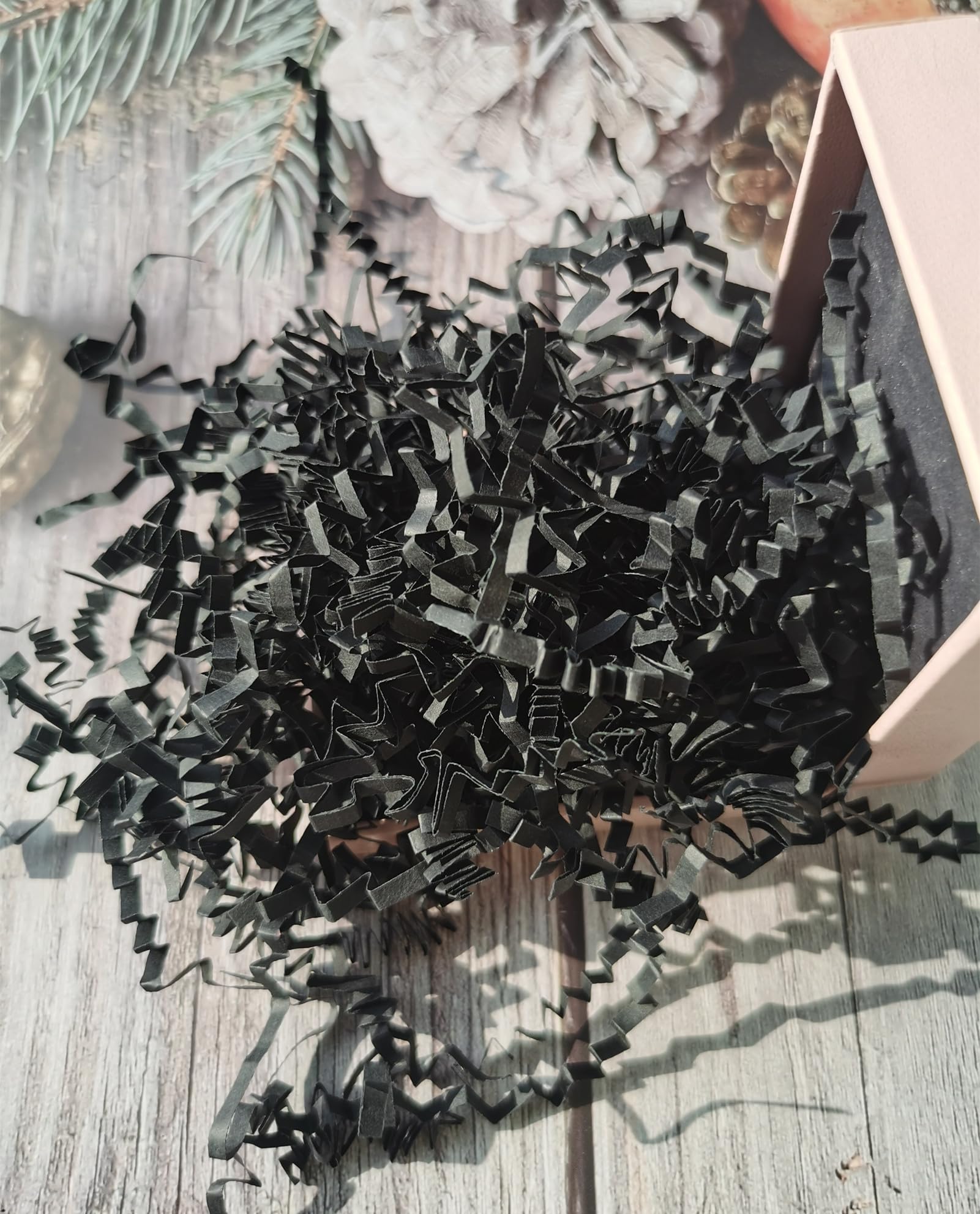 JHESAO 4OZ Black Crinkle Cut Paper Shreds - Gift Box & Basket Filler, Packaging Confetti for Parties, Weddings & Events | Decorative Filler for Gift Wrapping, Easter Baskets & Home Decor