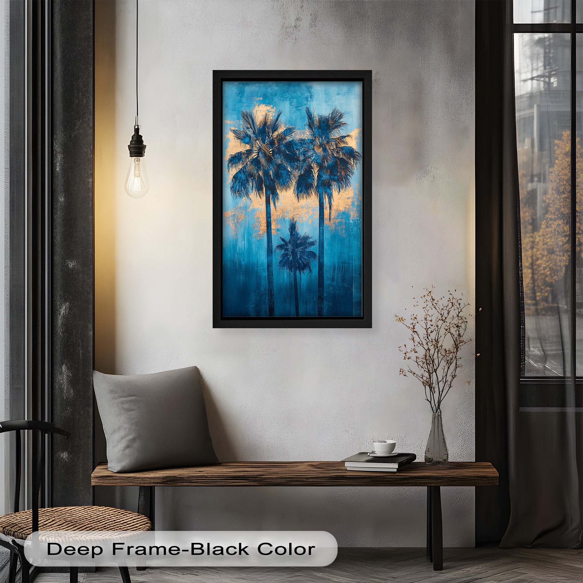 Blue Sunset Palms Tropical Oil Painting - Handmade Beach Wall Art for Living Room, Bedroom & Office Decor