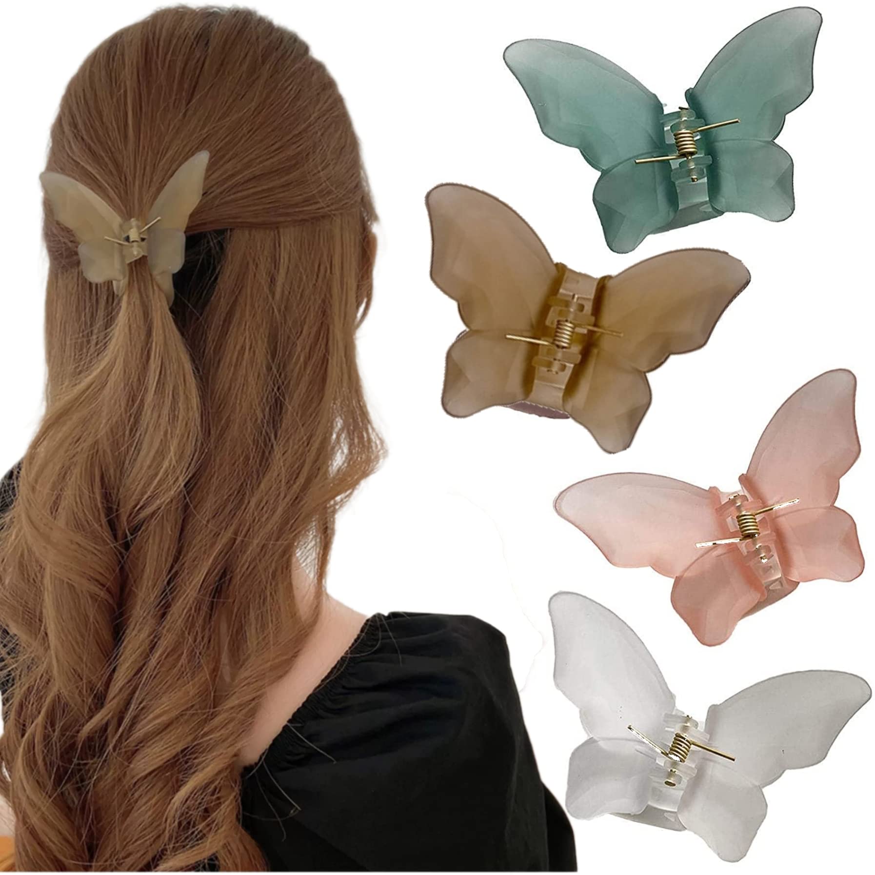 Butterfly Hair Claw Clips for Women - Medium Acrylic Hair Clamps with Non-Slip Strong Hold - Perfect for Thick or Thin Hair - Hair Accessories for Girls & Women (White, Green, Pink, Brown) - Ideal for Work, School, Gym, and Everyday Styling