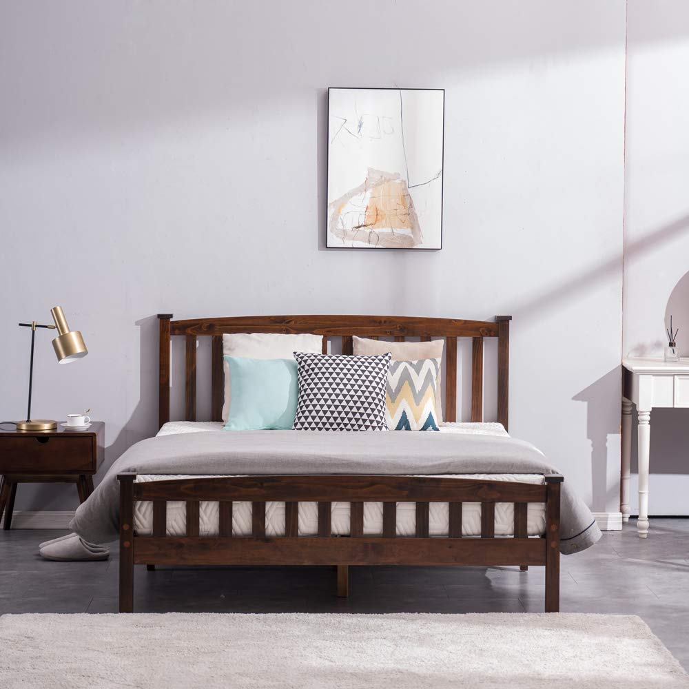 Bonnlo Queen Size Solid Wood Platform Bed Frame with Headboard - No Box Spring Needed, Sturdy Wood Slat Support for Mattress Foundation in Walnut - Perfect for Modern Bedrooms, Guest Rooms & Master Suites