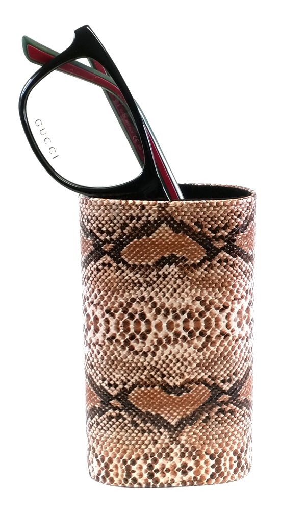 Calabria CA-503 Tan Snakeskin PU Leather Eyeglasses Holder with Soft Lining - Stylish Desktop Glasses Stand for Men & Women - Perfect for Office Desks, Nightstands and Home Decor