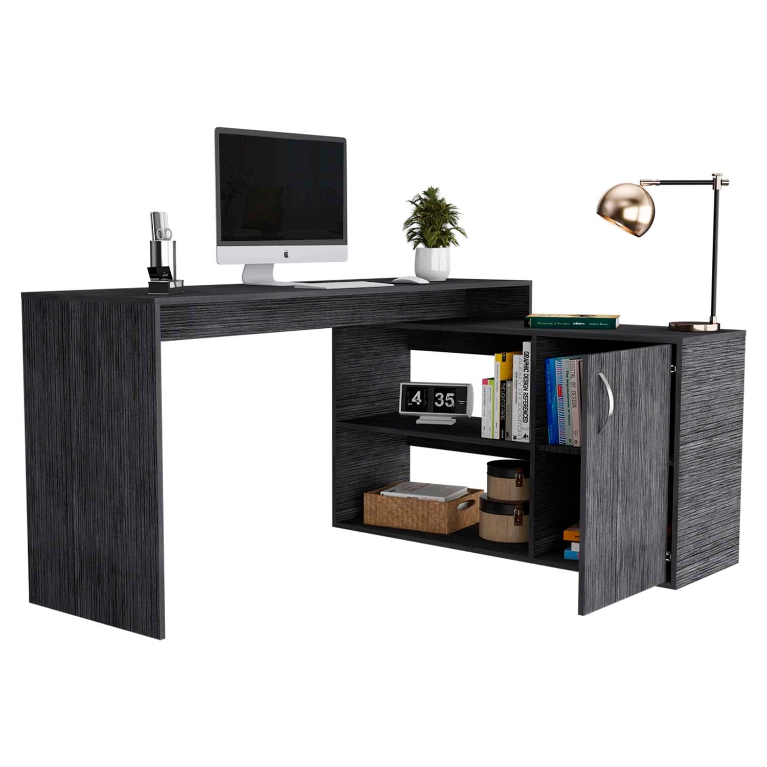 L-Shaped Home Office Desk with 2 Shelves & Drawer - Smoky Oak Wooden Computer Workstation for Small Space, Gaming & Study Room Furniture