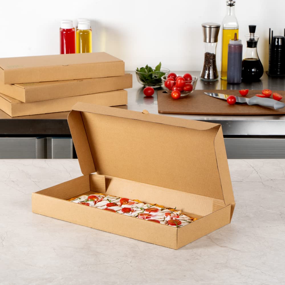 Eco-Friendly 15 x 7 x 1.5 Inch Flatbread Takeaway Boxes - 50 Pack Corrugated Pizza Boxes with E-Flute Design & Tab-Lock System | Kraft & Green Paper Disposable Food Containers for Restaurants, Catering & Delivery Services