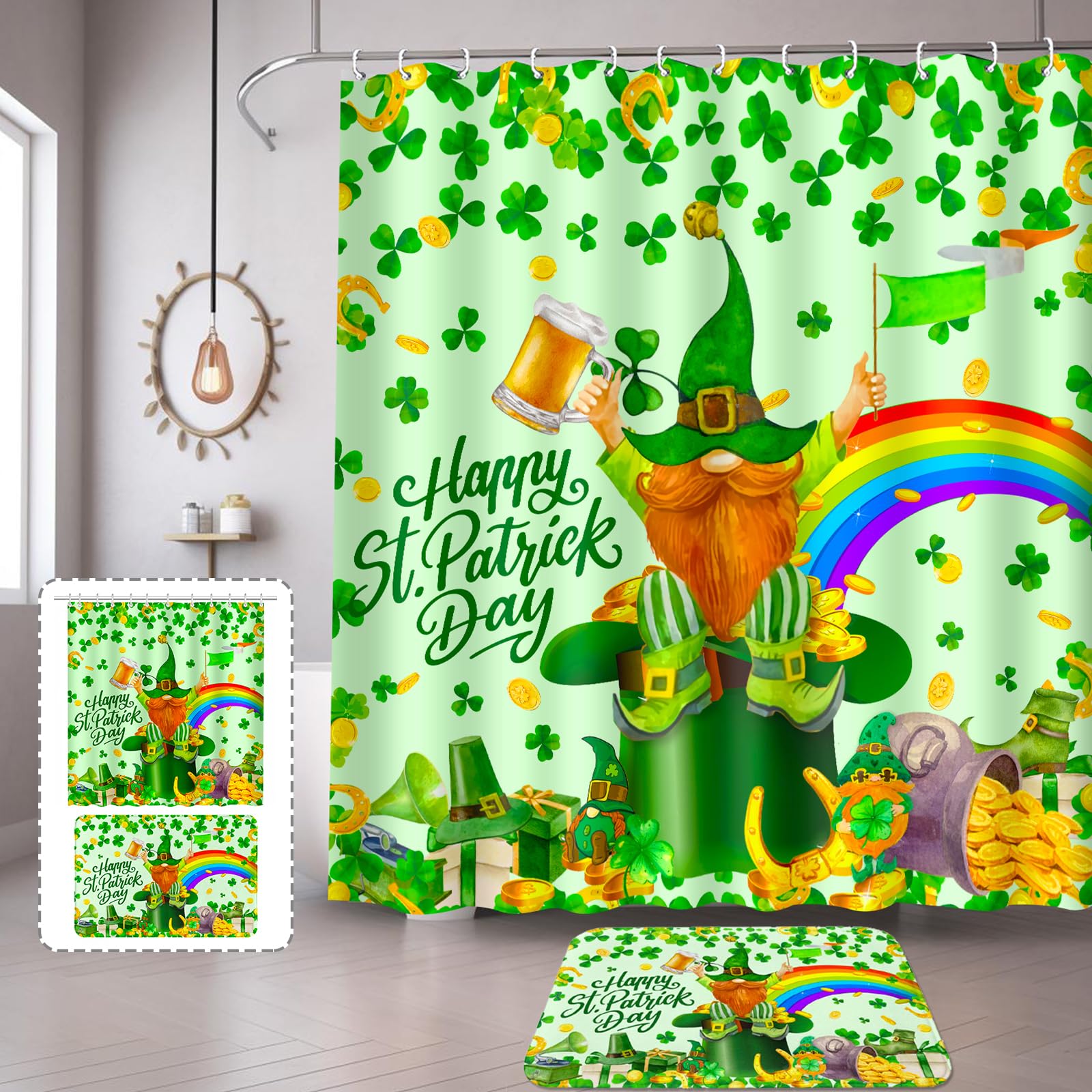 St. Patrick's Day Shower Curtain Set with Matching Rugs & Hooks - Irish Gnome Themed Bathroom Decor for St. Paddy's Day Party & Home Celebration - Waterproof Polyester Fabric for Bath & Guest Room