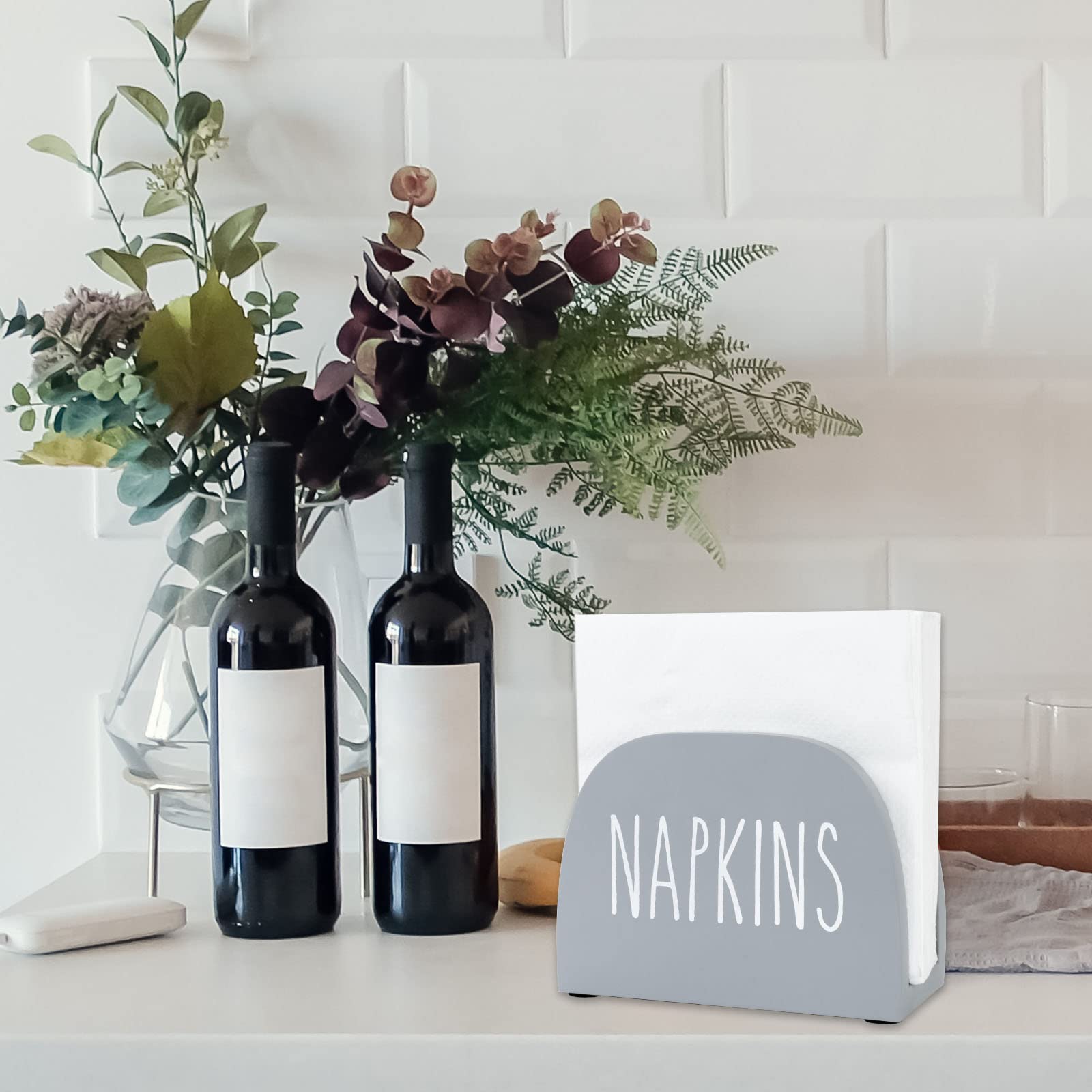 Solid Real Wood Farmhouse Napkin Holder - Freestanding Paper Napkin Storage Dispenser for Kitchen Countertop & Dining Table (6 x 4 inch, Gray) - Perfect for Rustic Home Decor, Holiday Entertaining & Everyday Use