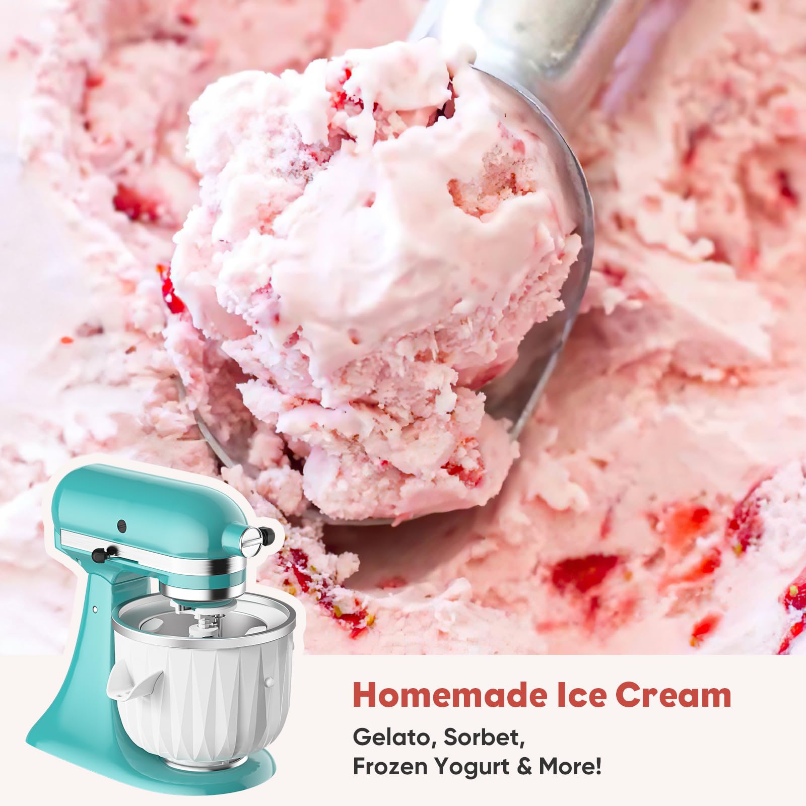 Coolcook 2 Quart Ice Cream Maker Attachment for KitchenAid Stand Mixer - Compatible with 4.5 Qt & Larger Models | Make Frozen Yogurt, Sorbet & Gelato at Home | Perfect for Summer Parties, Family Desserts & DIY Treats