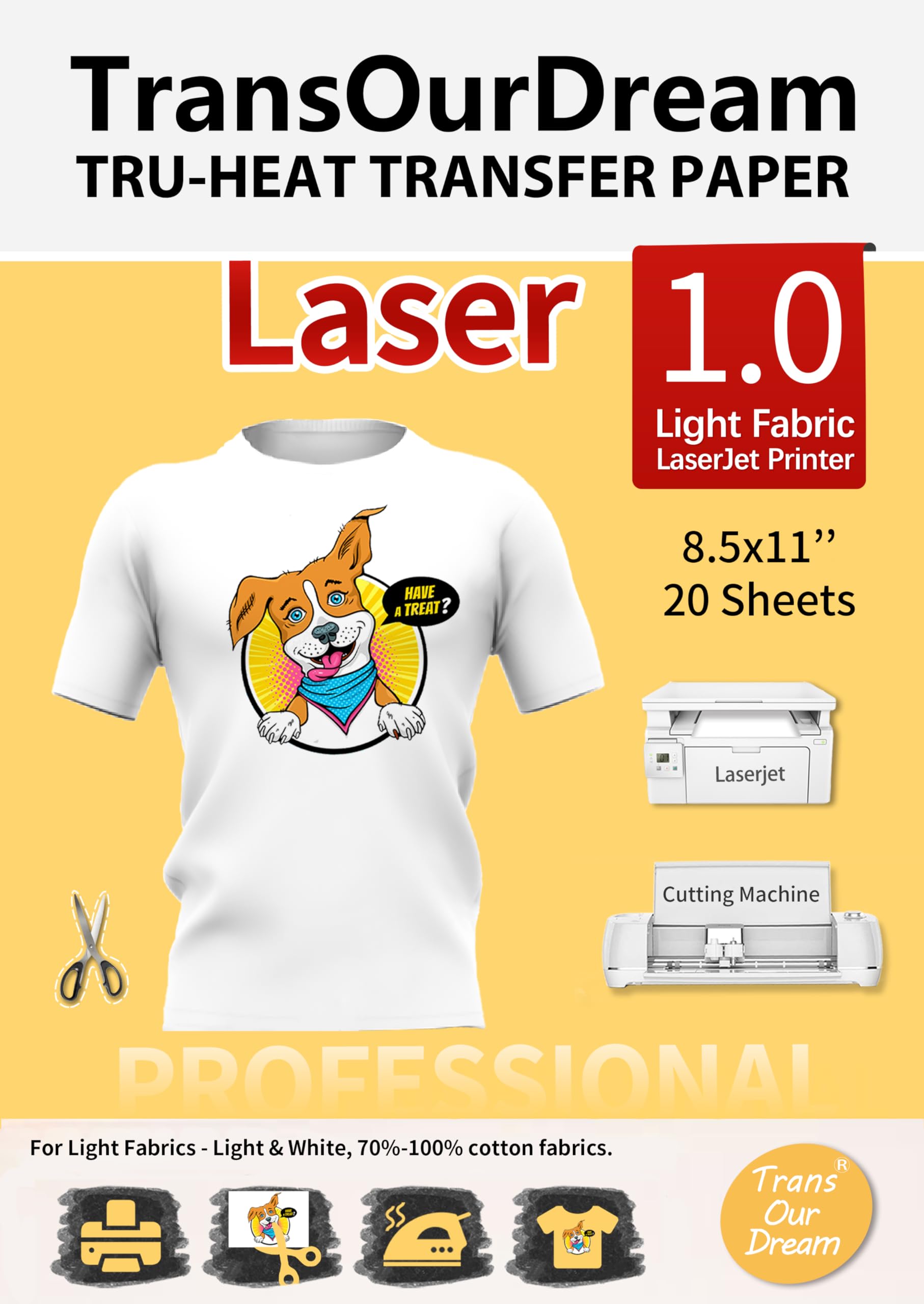 TransOurDream Laser Printer Heat Transfer Paper - 20 Sheets, 8.5x11 Inches, Laser 1.0 - Printable HTV Vinyl for T-Shirts & Light Fabrics - DIY Custom Apparel, Iron-On Transfers for Crafts & Personalized Gifts (TRANS-LAS1-L-20)