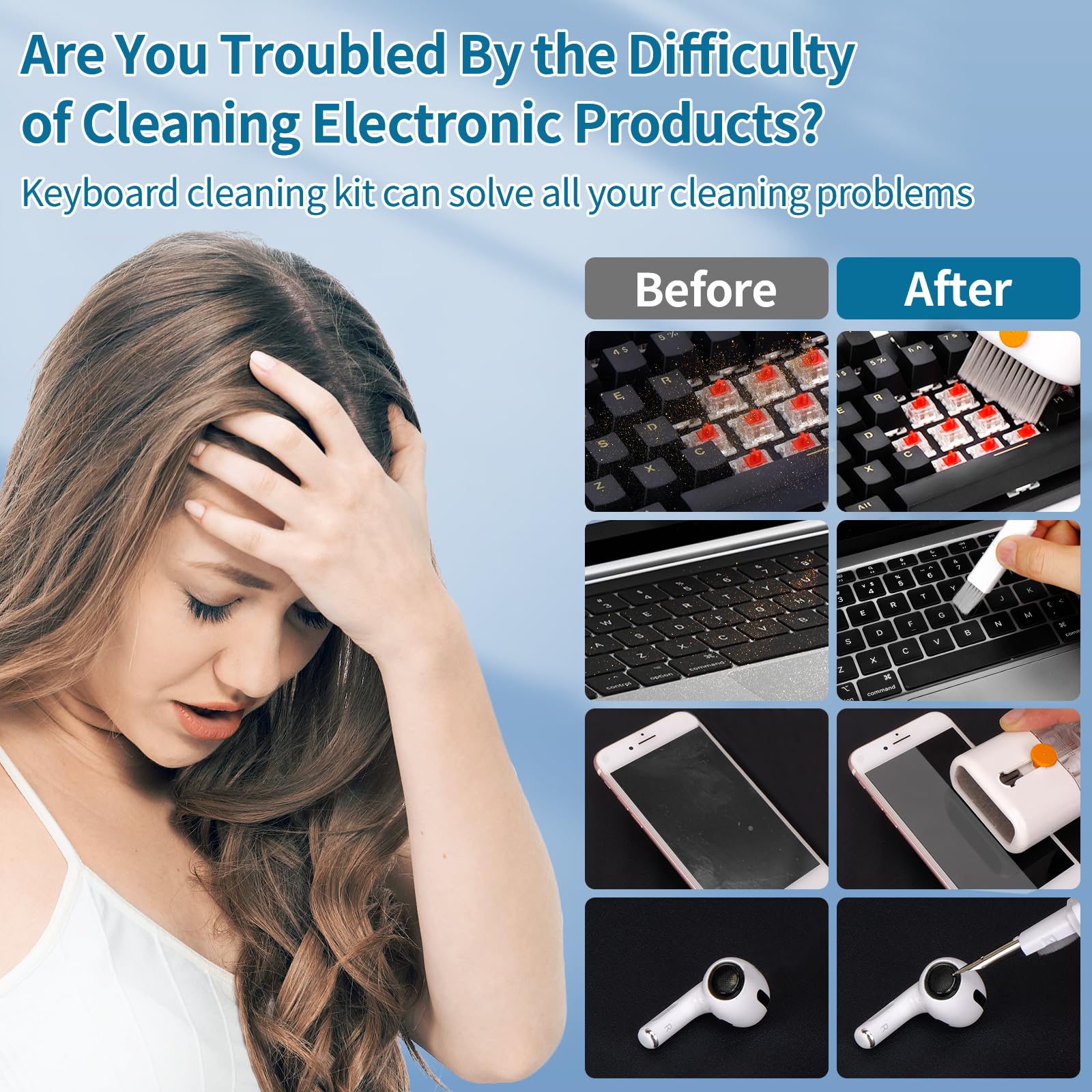 Keyboard Cleaner Laptop Cleaning Kit - All-in-One Computer Tech Brush with AirPod Cleaner, Electronic Screen Cleaner for MacBook, iPhone, Gaming Accessories - Perfect for Home, Office, and Travel Use
