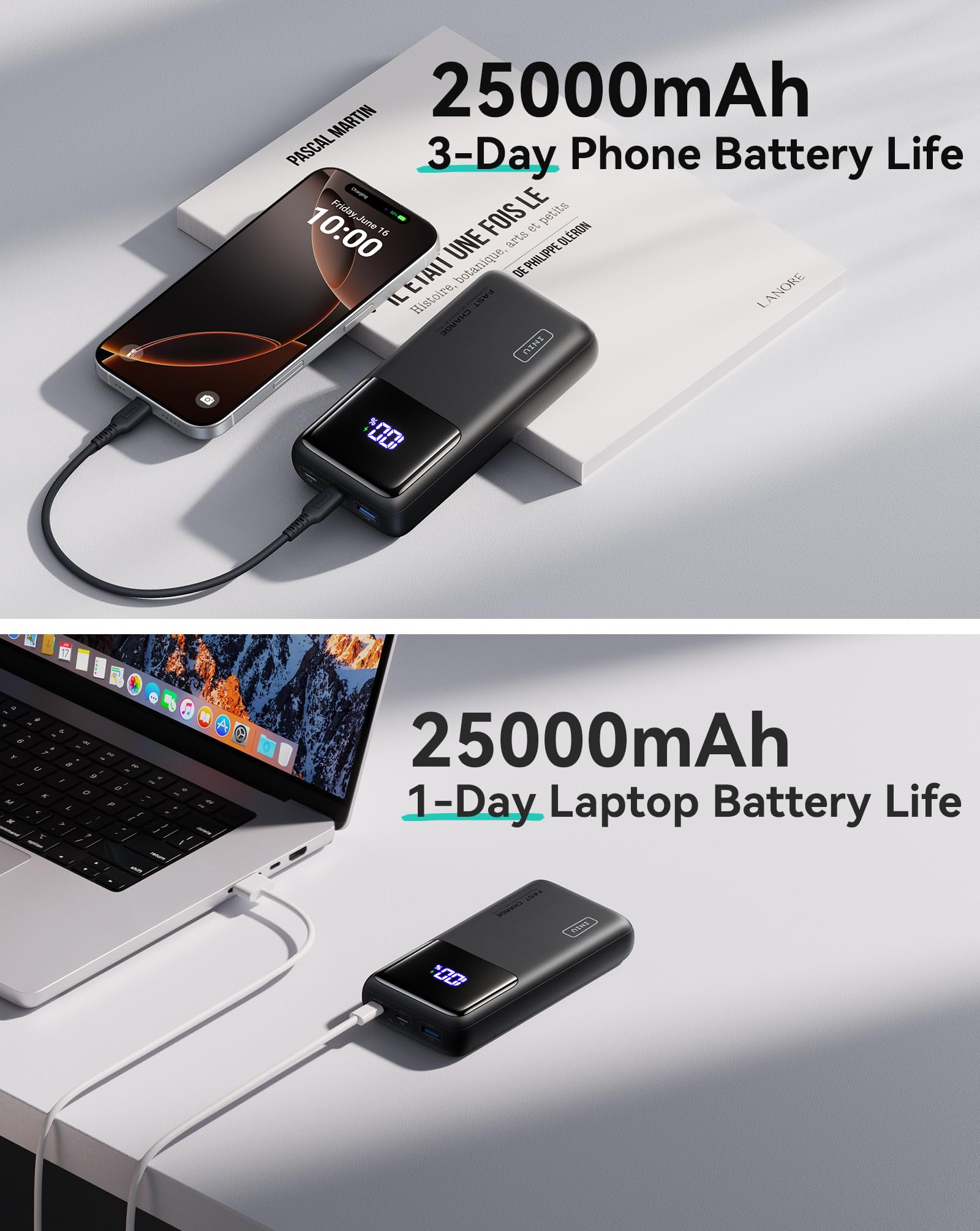 INIU 25000mAh 100W PD Power Bank - Fast Charging Portable Charger with USB C Input/Output for Laptop, iPhone 16/15/14/13/12, Samsung, iPad, Steam Deck - Perfect for Travel, Camping & Emergency Power Backup