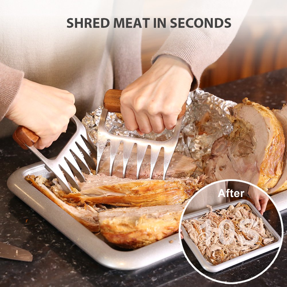 Easylife 18/8 Stainless Steel Meat Shredder Claws with Wooden Handle - BBQ Pulling Forks for Pork, Turkey, Chicken & Brisket - Perfect for Grilling, Smoking & Serving at Backyard Cookouts