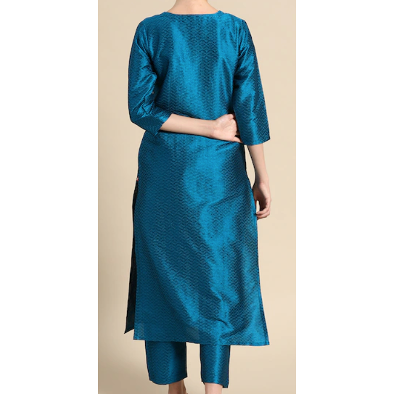 Stylish Blue & Golden Embroidered Jacquard Kurta Set with Matching Trousers | Traditional Indian Ethnic Wear for Women | Perfect for Festivals, Weddings & Special Occasions