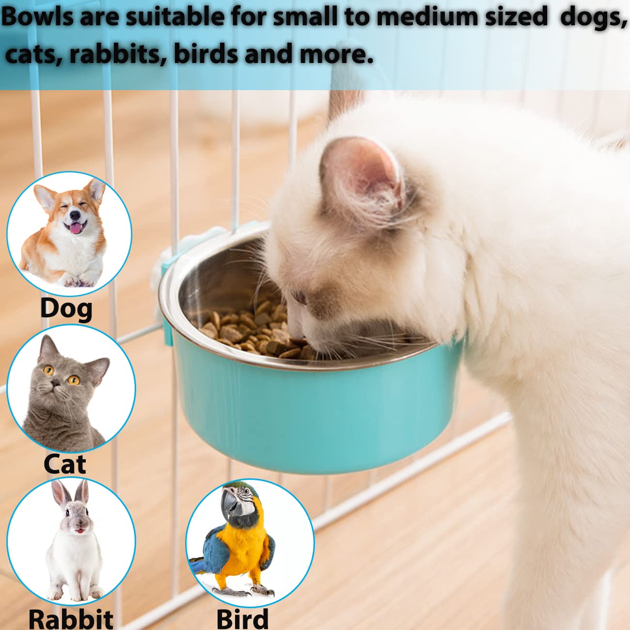 2 Pack Removable Stainless Steel Hanging Pet Bowl - Durable Dog Cat Food Water Feeder for Kennel, Cage, Coop - Perfect for Puppies, Medium Dogs, Rabbits, Ferrets & Birds (Blue & Green) - Ideal for Travel, Camping & Home Use