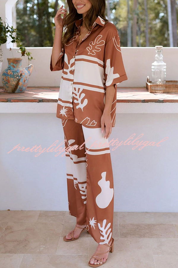 Stylish Color Block Print Button Up Shirt & Elastic Waist Pants Set for Women | Beach Outfit, Summer Vacation, Casual Wear