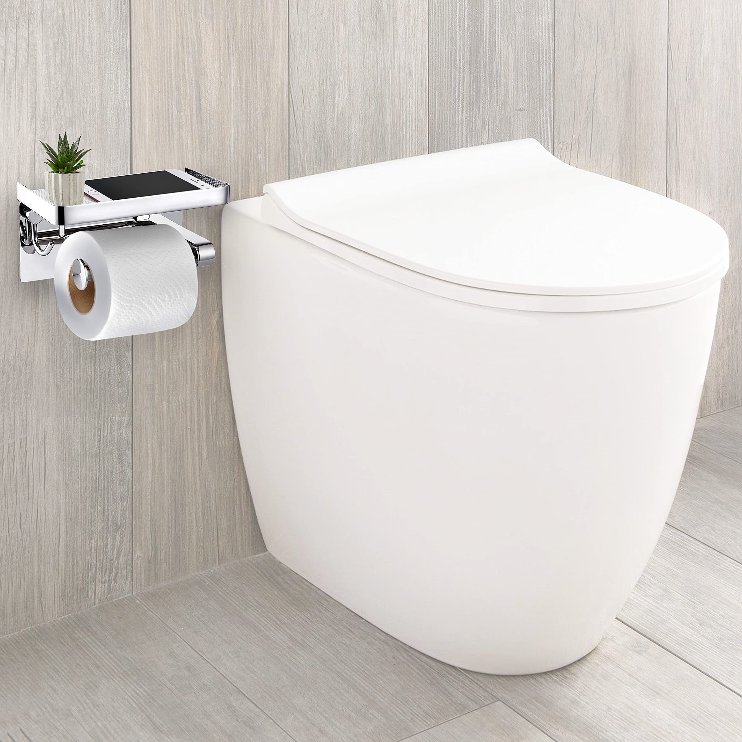 Stainless Steel Toilet Paper Holder with Phone Shelf - 304 Silver Wall Mounted Bathroom Organizer for Toilet Rolls & Wipes - Perfect for Modern Bathrooms, Small Spaces & Convenient Phone Storage