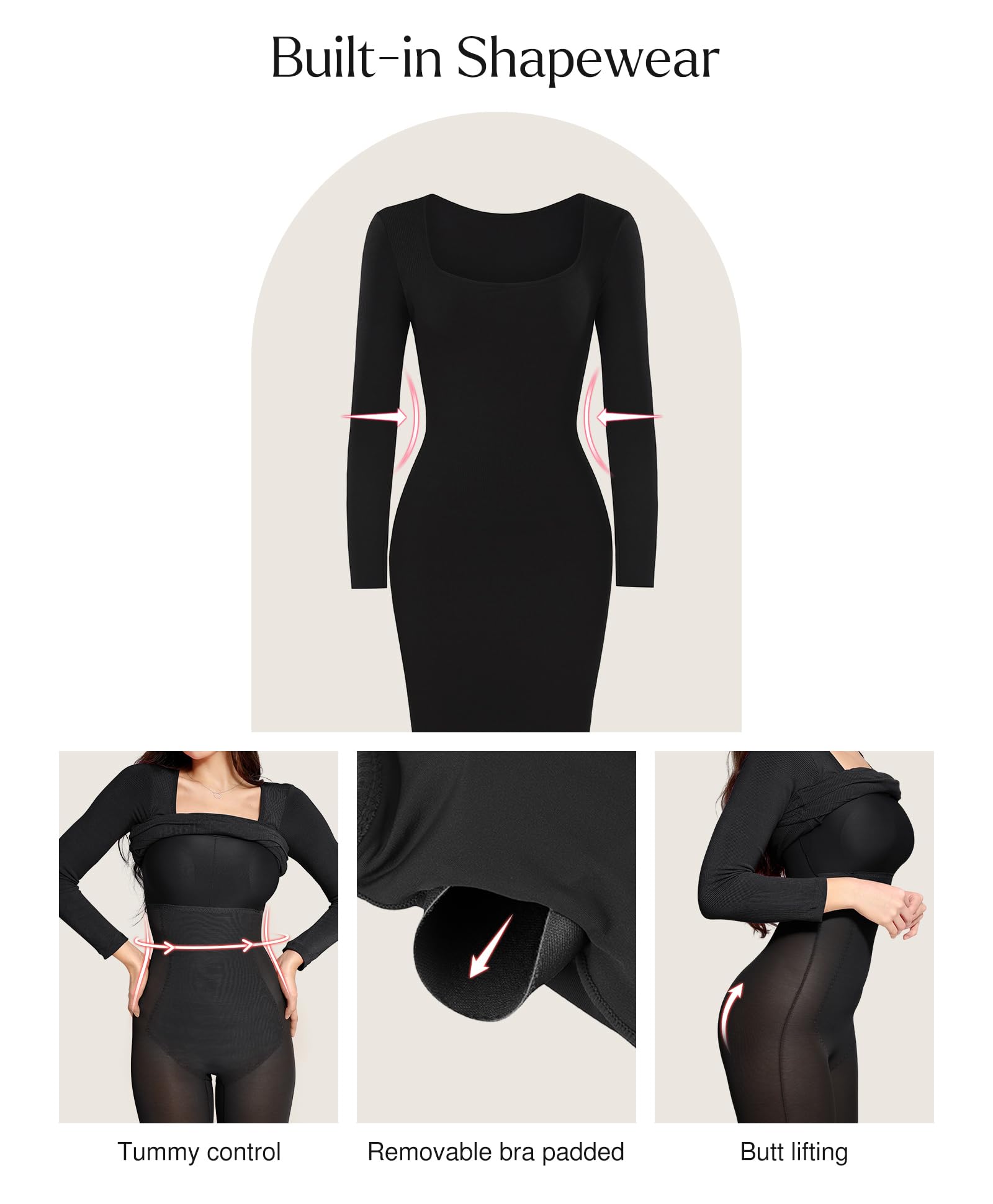 Popilush Women's Long Sleeve Bodycon Midi Dress with Built-in Bra - Tummy Control Shapewear for Cocktail Parties, Night Out, Date Night & Special Occasions