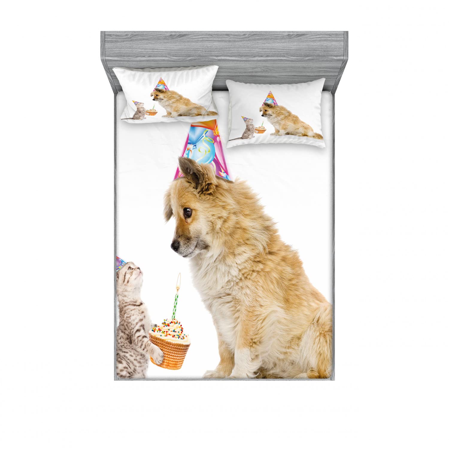Ambesonne 2-Piece Queen Size Fitted Sheet Set with 4 Pillow Shams - Cute Cat & Dog Birthday Themed Bedding Collection - Vibrant Multicolor Pet Lover Home Decor for Bedroom, Dorm, or Gift Giving