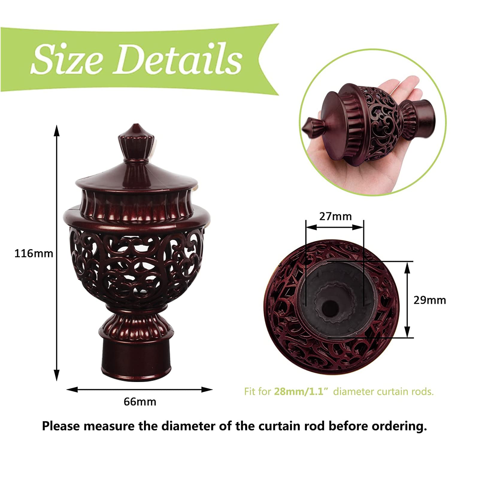 6Pcs Decorative Plastic Curtain Rod Finials - Red Hollow Lantern Design, Fits 28mm Dia. Curtain Poles - Perfect for Living Room, Bedroom & Window Drapes Decoration