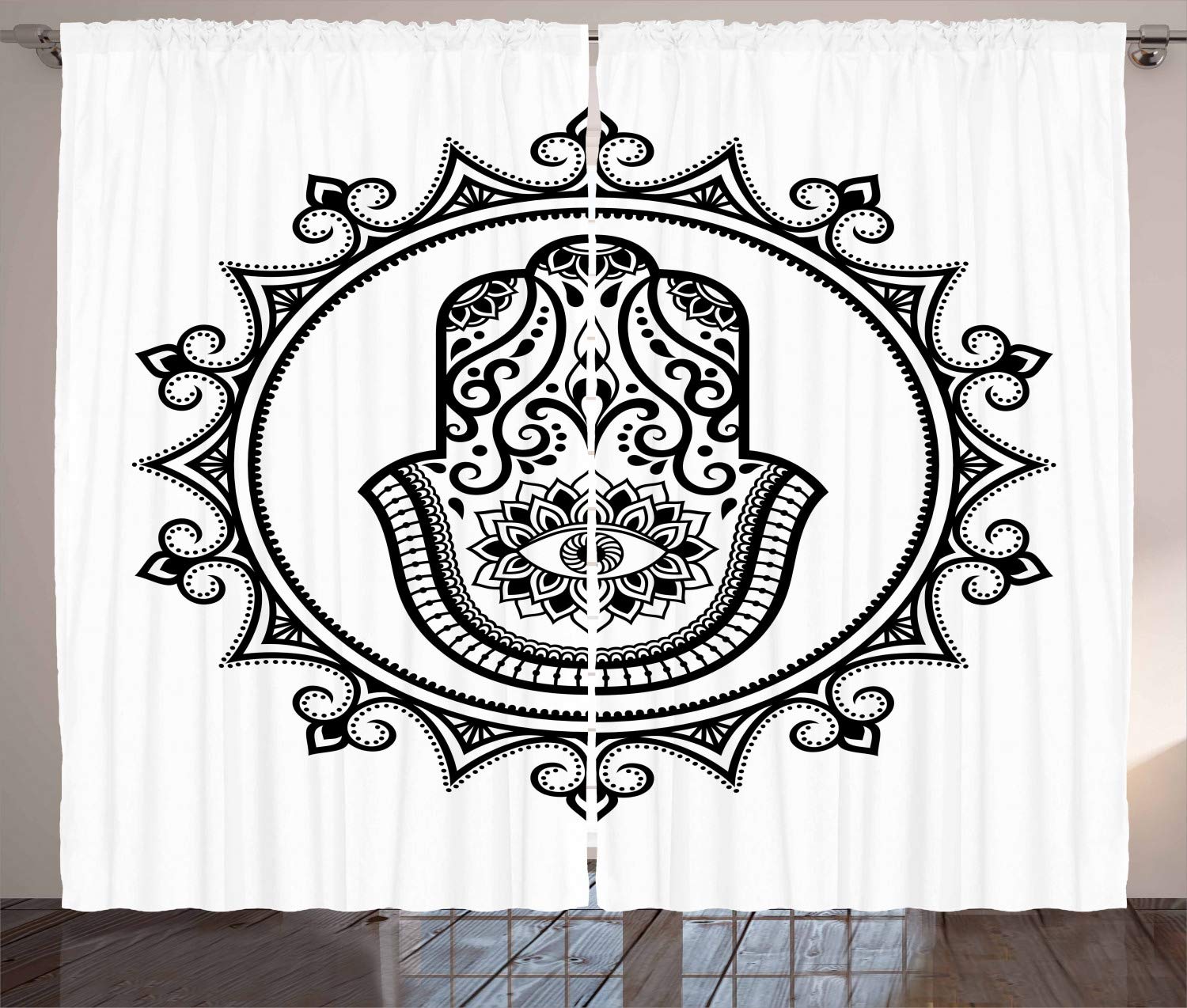 Ambesonne Evil Eye Curtains - Hamsa Hand & Mandala Lucky Design, Black & White Window Drapes (108x63 Inch, 2 Panels) for Living Room, Bedroom - Protection & Positive Energy Decor