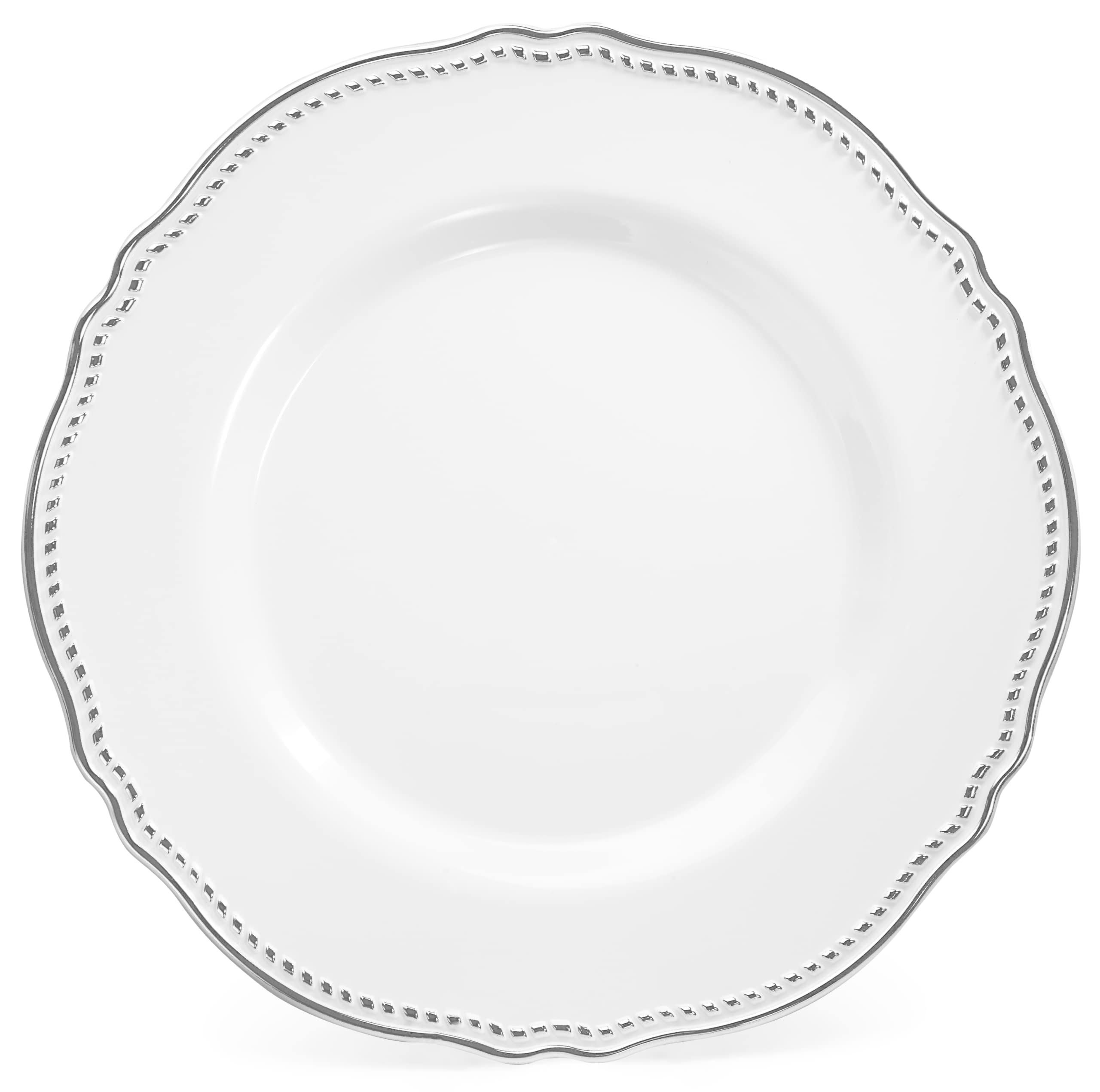 20-Pack Heavyweight Disposable Plastic Plates for Weddings & Parties - 9'' Elegant White & Silver Luncheon Plates - Perfect for Wedding Receptions, Bridal Showers, Birthday Parties & Formal Events