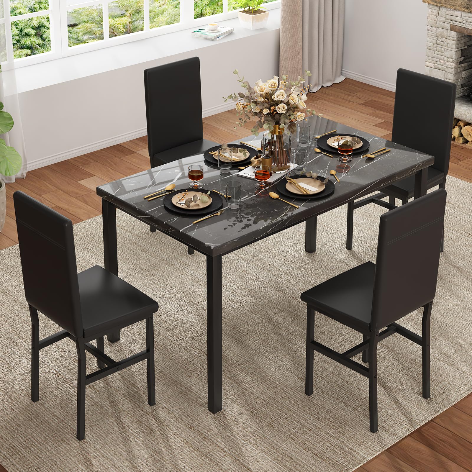 Modern 5-Piece Dining Table Set for 4 - Faux Marble Table & 4 PU Leather Chairs - Space-Saving Kitchen/Dining Room Set for Small Spaces, Apartments, Dinettes - Perfect for Family Meals, Dinner Parties & Compact Living (Black)