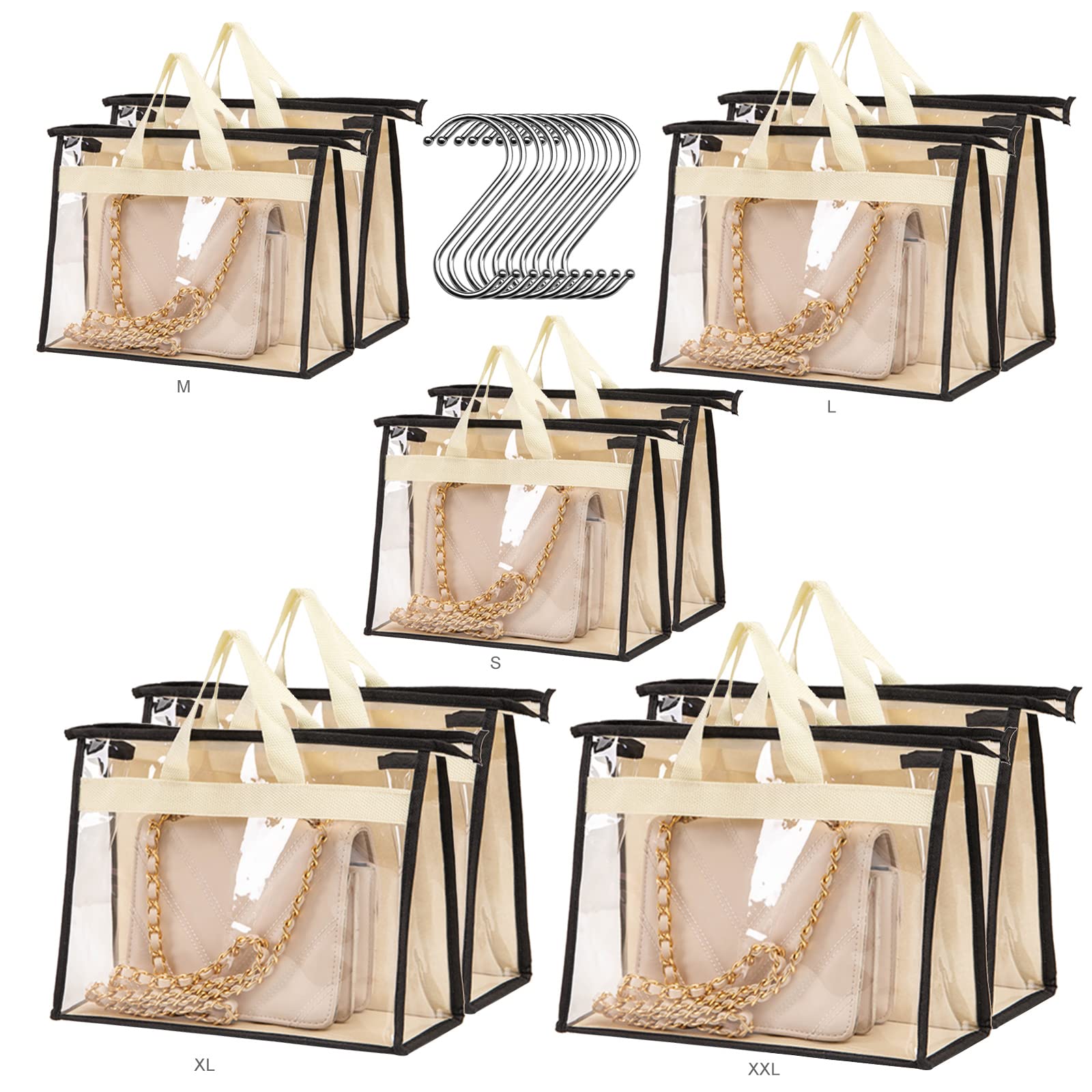 10 Pack Clear Handbag Storage Organizer with Handle & Zipper - Transparent Dustproof Purse Protector Bags for Closet Organization (Beige) | Perfect for Travel, Home Storage & Luxury Handbag Protection