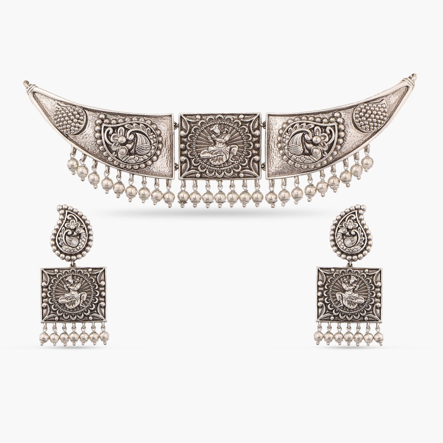 Maati Peacock Square Antique Oxidized Statement Choker Necklace Set | Elegant Indian Jewelry for Women | Perfect for Weddings, Parties & Festive Occasions