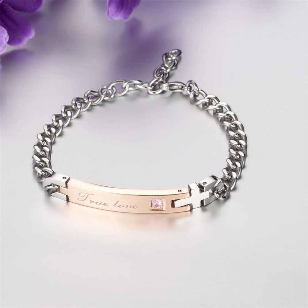 ALEXTINA Stainless Steel True Love Cubic Zirconia Matching Couple Bracelets for Men & Women - Romantic Valentine's Day Gift for Couples, Anniversary, Wedding, or Proposal