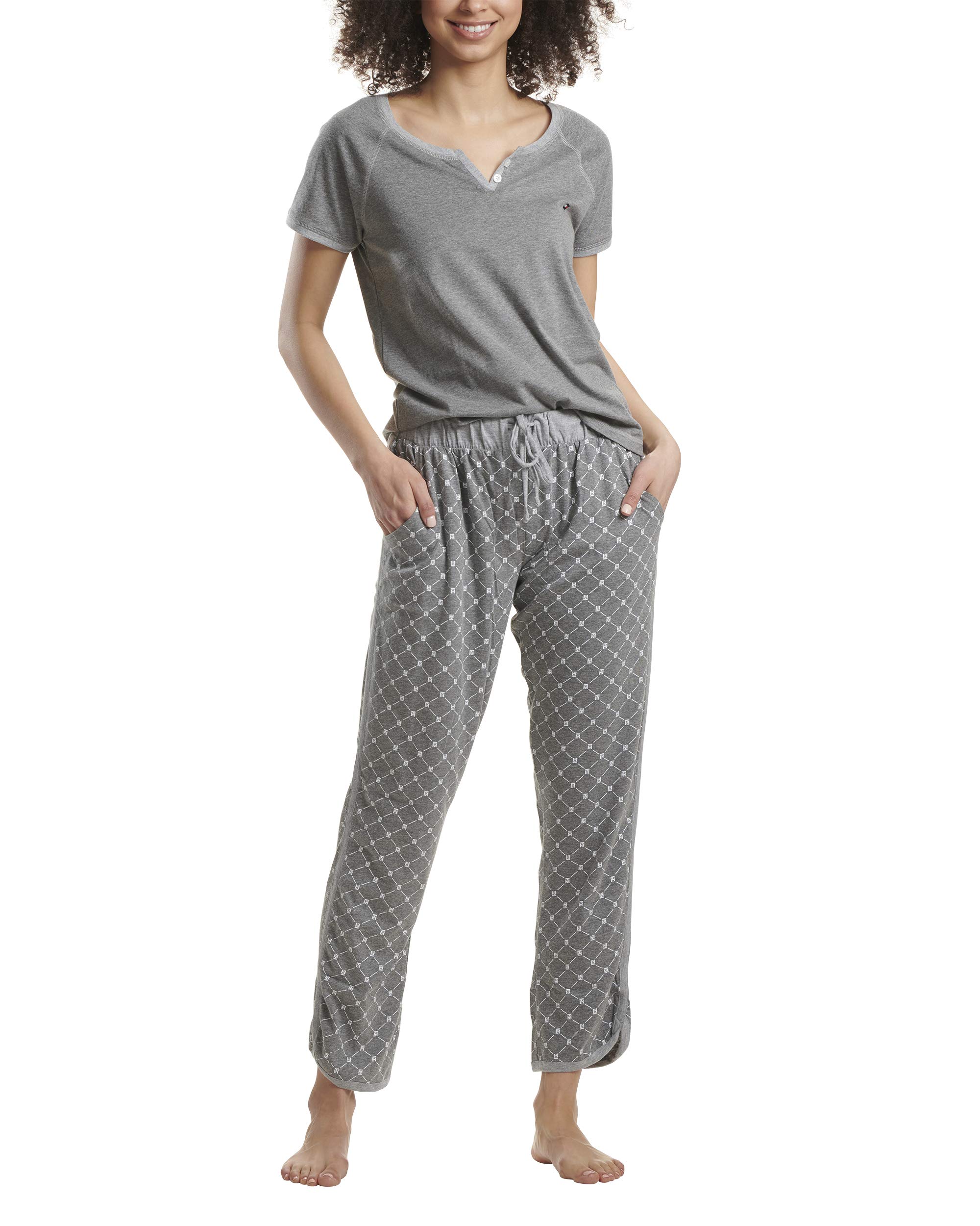 Tommy Hilfiger Women's Short Sleeve Pajama Set with Logo Pants - Soft Cotton Sleepwear for Lounge & Nighttime Comfort