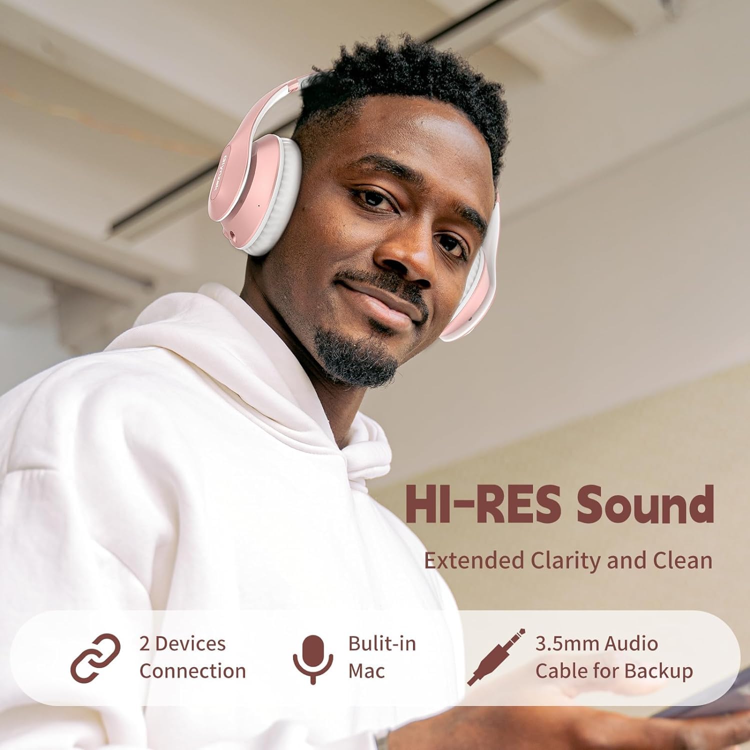 Premium Wireless Bluetooth Headphones Over-Ear with 65H Playtime, HiFi Stereo & Built-in Mic - 6 EQ Modes, Foldable Design, Bluetooth 5.3 for Travel, Work, Gaming (Rose Gold) - Perfect for Commuting, Office & Home Entertainment
