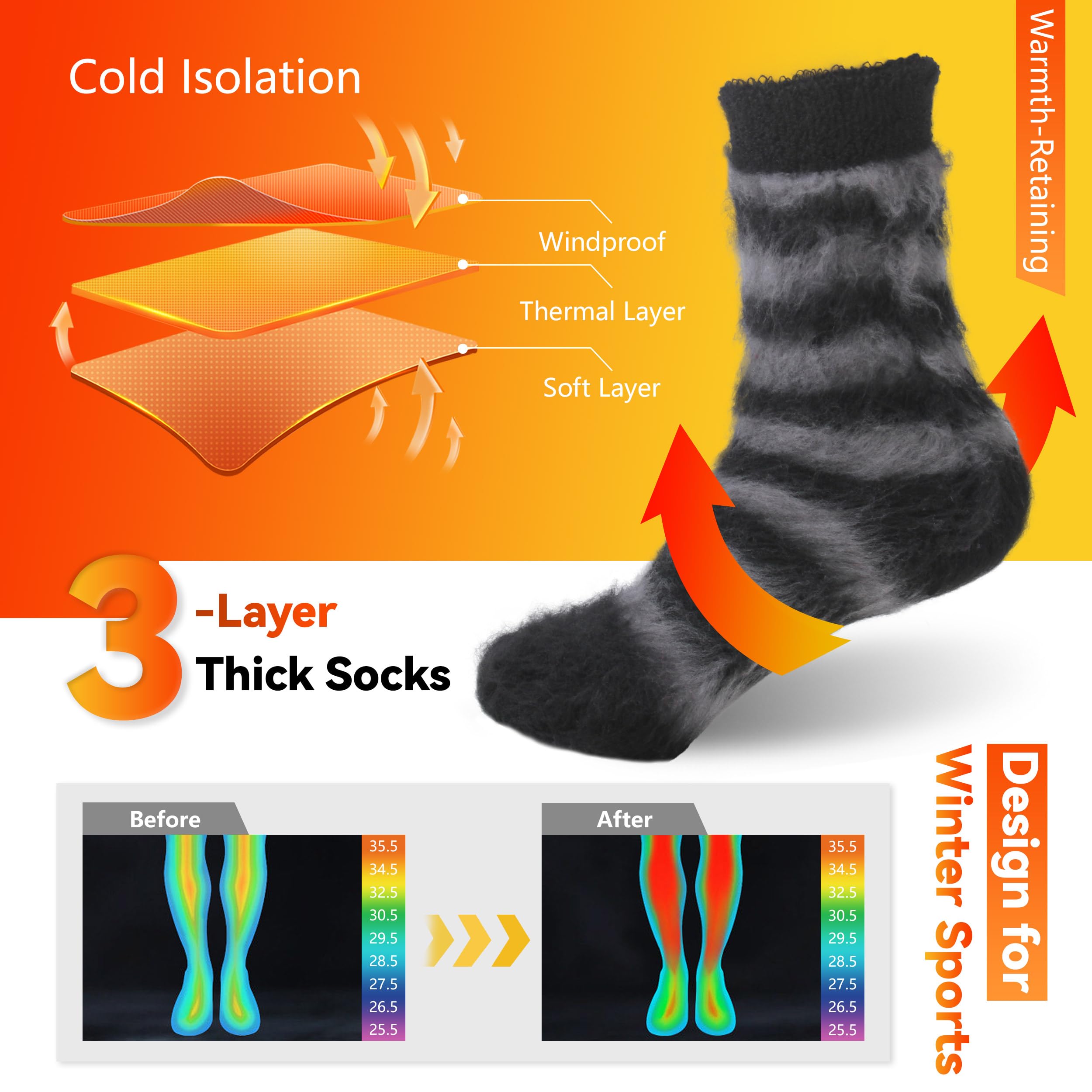 Sunew Thermal Socks 4 Pack - Winter Heated Socks for Men & Women - Warm Wool Ski Socks for Outdoor Activities, Hiking & Snow Sports - Perfect for Cold Weather & Winter Adventures