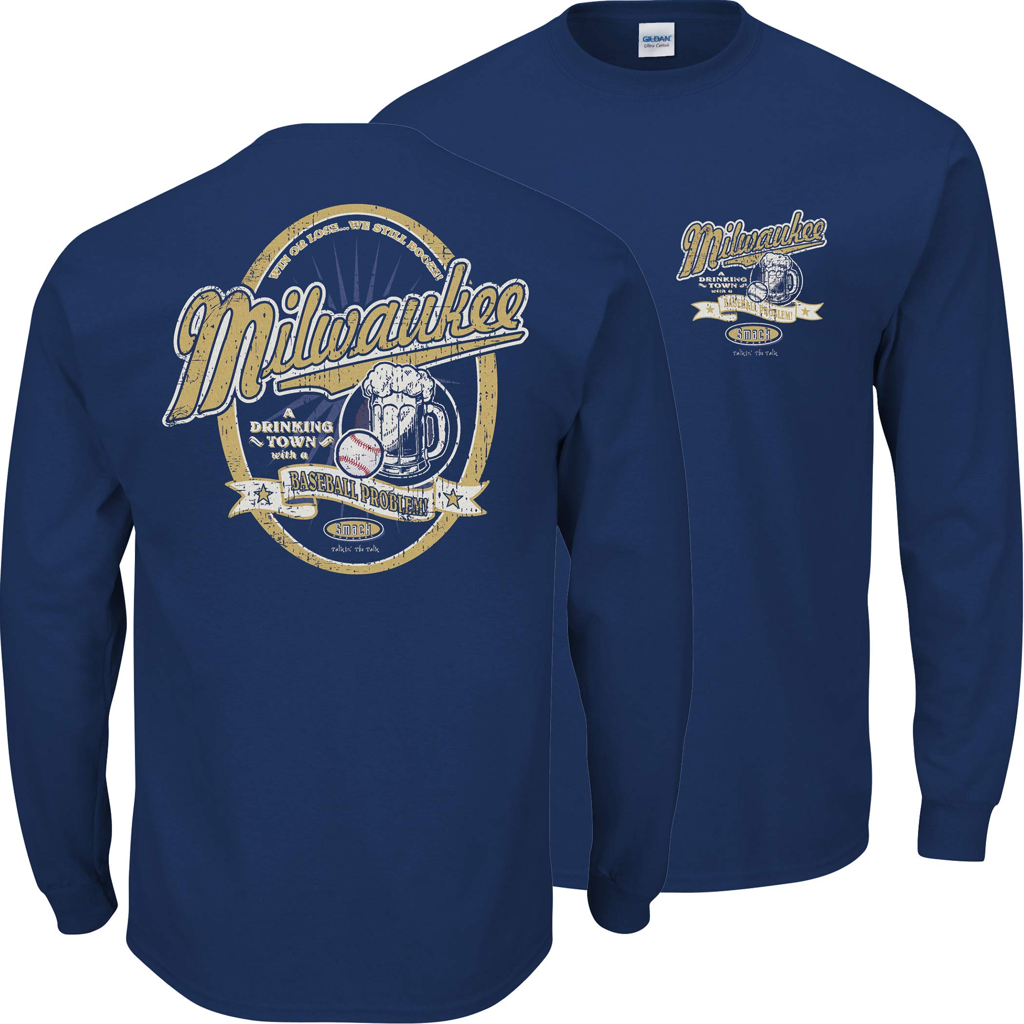 Milwaukee Baseball Fans T-Shirt - 'A Drinking Town with A Baseball Problem' Navy Blue Tee for Men & Women (S-5XL) - Perfect for Game Day, Tailgating & Brewers Fan Gifts