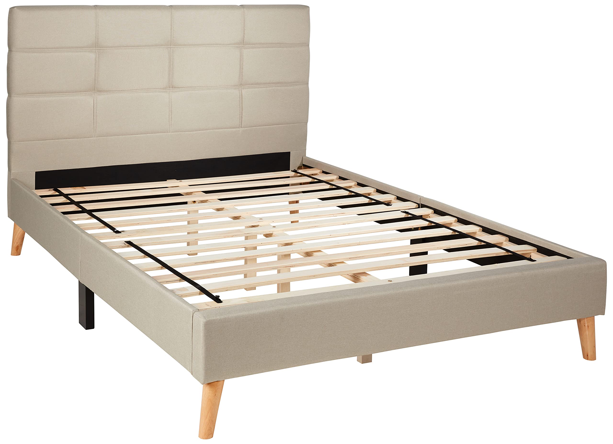 Divano Roma Mid-Century Modern Linen Platform Bed Frame with Pleated Headboard - Full Size Beige Bedroom Furniture for Contemporary Home Decor | Perfect for Master Bedrooms, Guest Rooms & Apartments