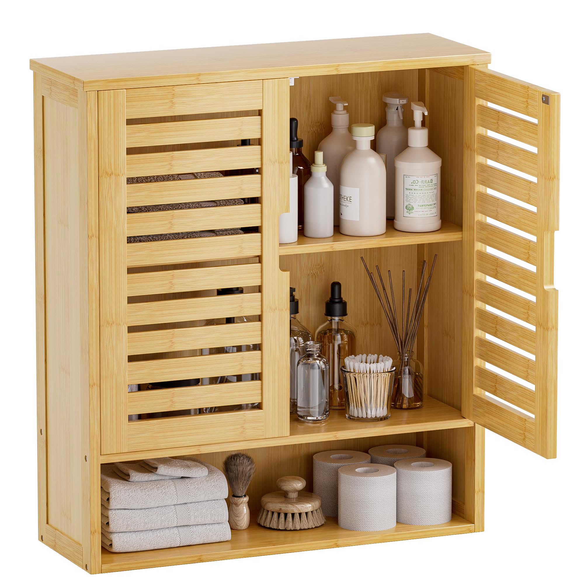 SMIBUY Wall Mounted Bamboo Bathroom Cabinet - Over The Toilet Storage Organizer with 2 Doors & Adjustable Shelves - Space Saving Medicine Cabinet (Natural) - Perfect for Small Bathrooms, Apartments & Vanity Organization