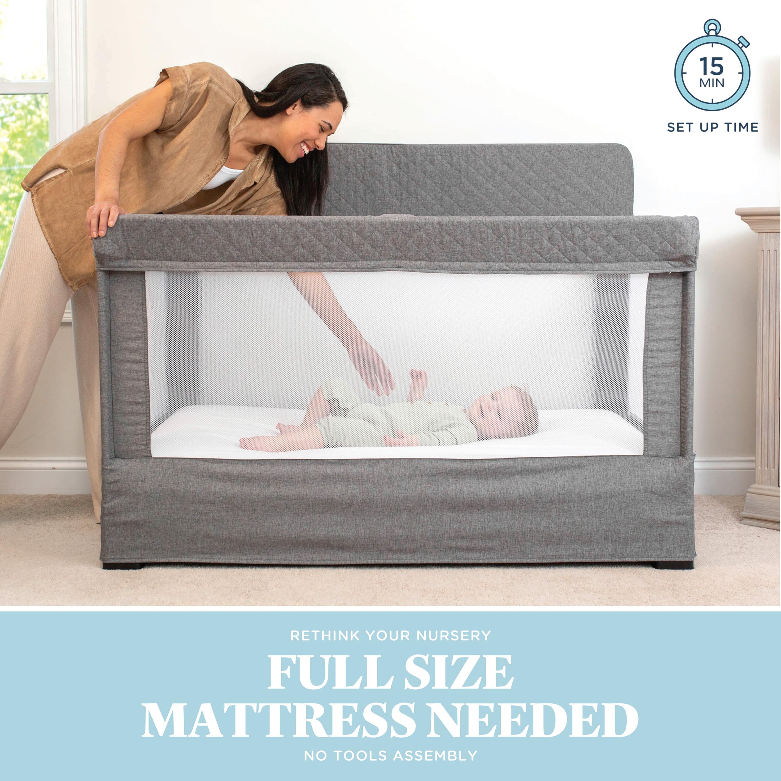 Baby Delight Lunaire Full Size Crib & Playard - Breathable Mesh Baby Crib with Tool-Free Assembly, Charcoal Tweed | Safe Nursery Bed for Newborns & Toddlers | Perfect for Daytime Naps & Overnight Sleeping