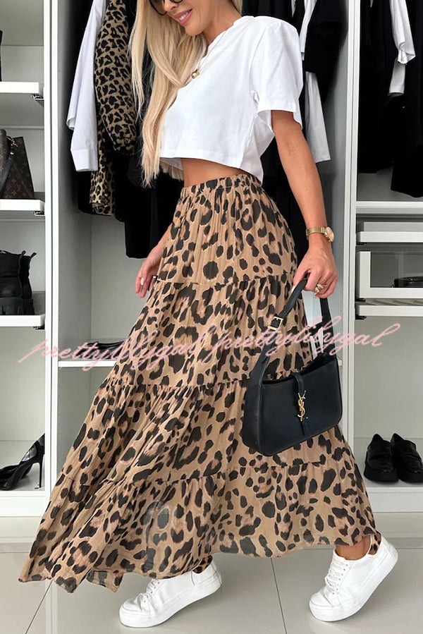 Stylish Leopard Print Maxi Skirt with Elastic Waist - Comfortable A-Line Layered Design for Women | Perfect for Casual Outings, Beach Vacations & Boho Fashion