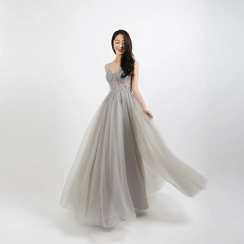 Sparkling Beaded Crystal Prom Dresses for Women - Elegant Long See-Through A-Line Gown with V-Neck & Spaghetti Straps | Perfect for Formal Evening, Homecoming, Wedding & Special Occasions