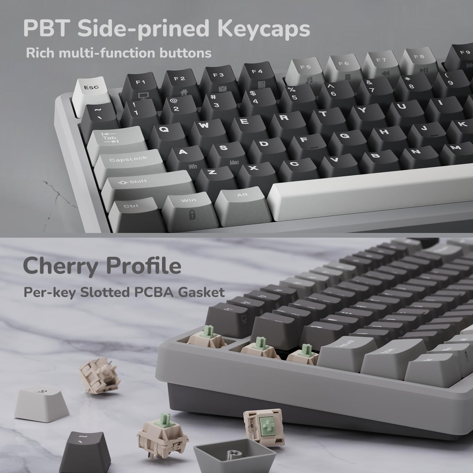 RK ROYAL KLUDGE M75 Wireless Mechanical Gaming Keyboard - 2.4Ghz/BT5.1/USB-C, 75% Compact Layout (81 Keys), Gasket Mount, OLED Display & Control Knob, RGB Backlit, Hot-Swappable Viridian Switch (Marble Grey) - Perfect for PC Gaming, Office Work & Typing Enthusiasts