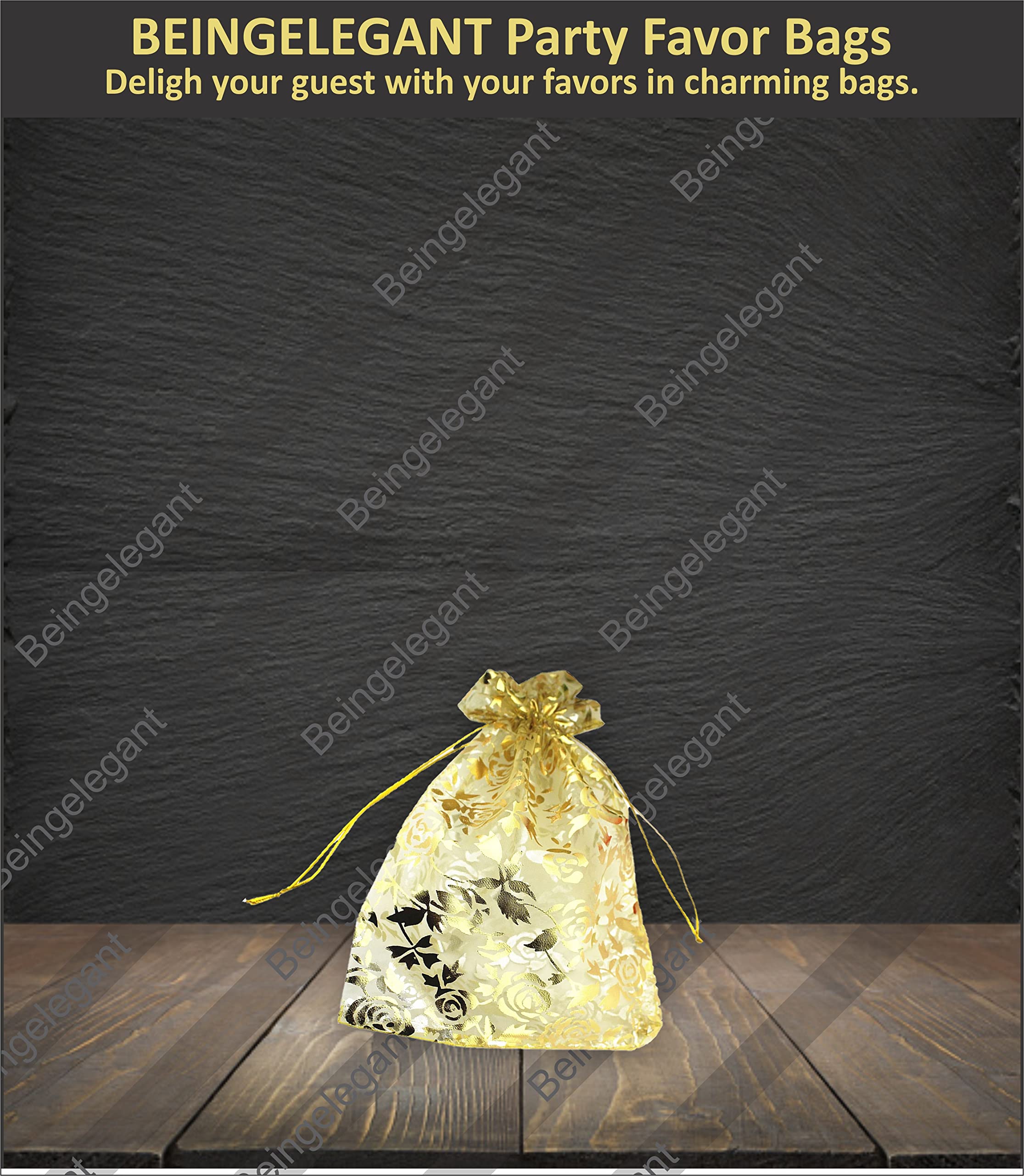 Elegant Gold Printed Organza Potli Bags - Pack of 25 (10x14 cm) for Wedding Favors, Return Gifts, Dry Fruits & Shagun - Perfect for Parties, Bridal Showers & Festive Celebrations
