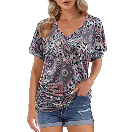 Women's Floral Printed V-Neck Short Sleeve Blouse - Casual Loose Fit Tunic Top for Summer (Grey, Large) | Perfect for Beach Outings, Picnics & Everyday Wear
