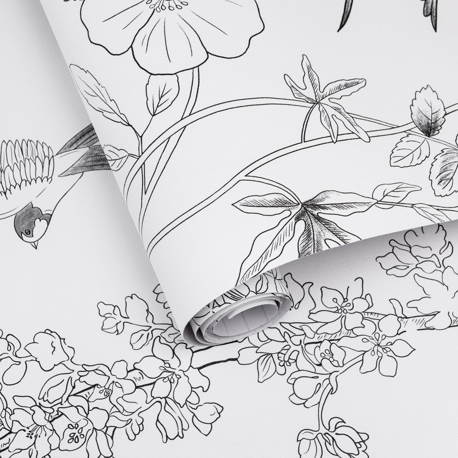 Modern Black and White Floral Peel and Stick Wallpaper - Removable Self-Adhesive Vinyl Contact Paper 17.3” x 120” - Birds Sketch Design for Bedroom, Living Room, Cabinets & Shelf Liner - Easy Home Decor Upgrade for Walls & Furniture