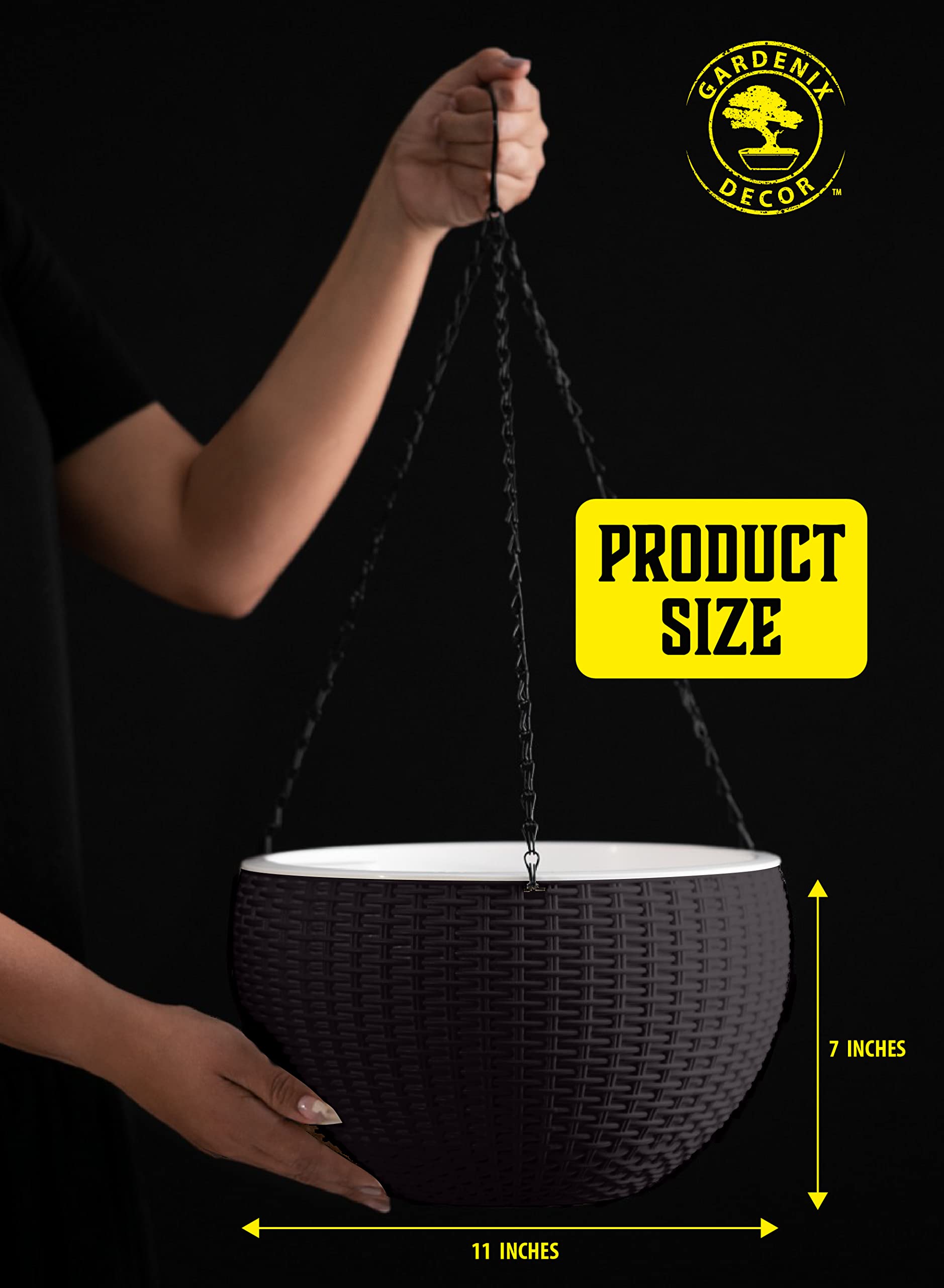 GARDENIX DECOR 11'' Self Watering Hanging Planters for Indoor Plants - Flower Pot with Water Level Indicator - Coco Coir Round Planter (1 Pack, Gray) - Perfect for Home, Office, Balcony & Garden Decor