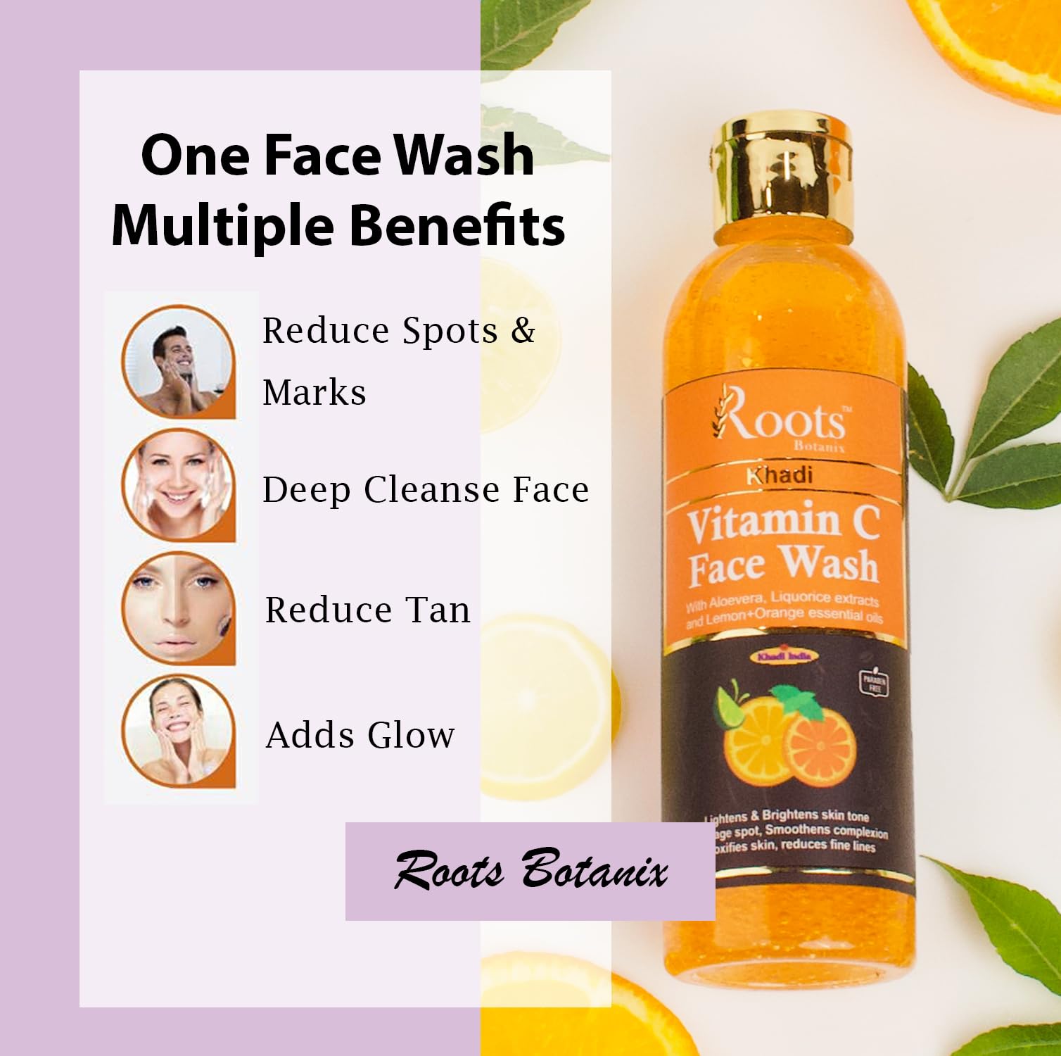 Roots Botanix Vitamin C Face Wash for Glowing Skin - Brightening & De-Tan Cleanser | Anti-Pollution & Pimple Control | Orange Liquid Soap (200ml, Pack of 2) | Perfect for Daily Skincare Routine & Morning Refresh
