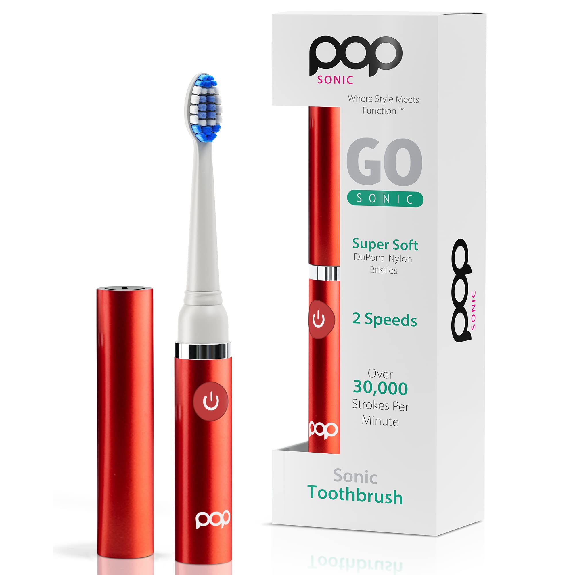 Pop Sonic Electric Toothbrush for Adults & Kids - Rechargeable Travel Toothbrush with 2 Speed Modes (15,000-30,000 RPM), Soft DuPont Nylon Bristles, AAA Battery Included - Perfect for Home, Travel & Daily Oral Care (Metallic Red)