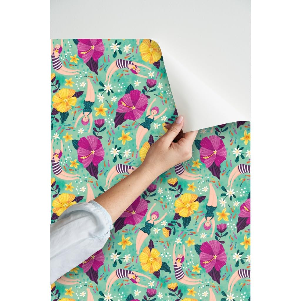 Peel & Stick Removable Wallpaper 9ft x 2ft - Underwater Ocean Theme with Hibiscus Flowers, Bubbles & Sea Animals | Self-Adhesive Custom Wallpaper for Bedroom, Nursery, or Bathroom Decor by Spoonflower