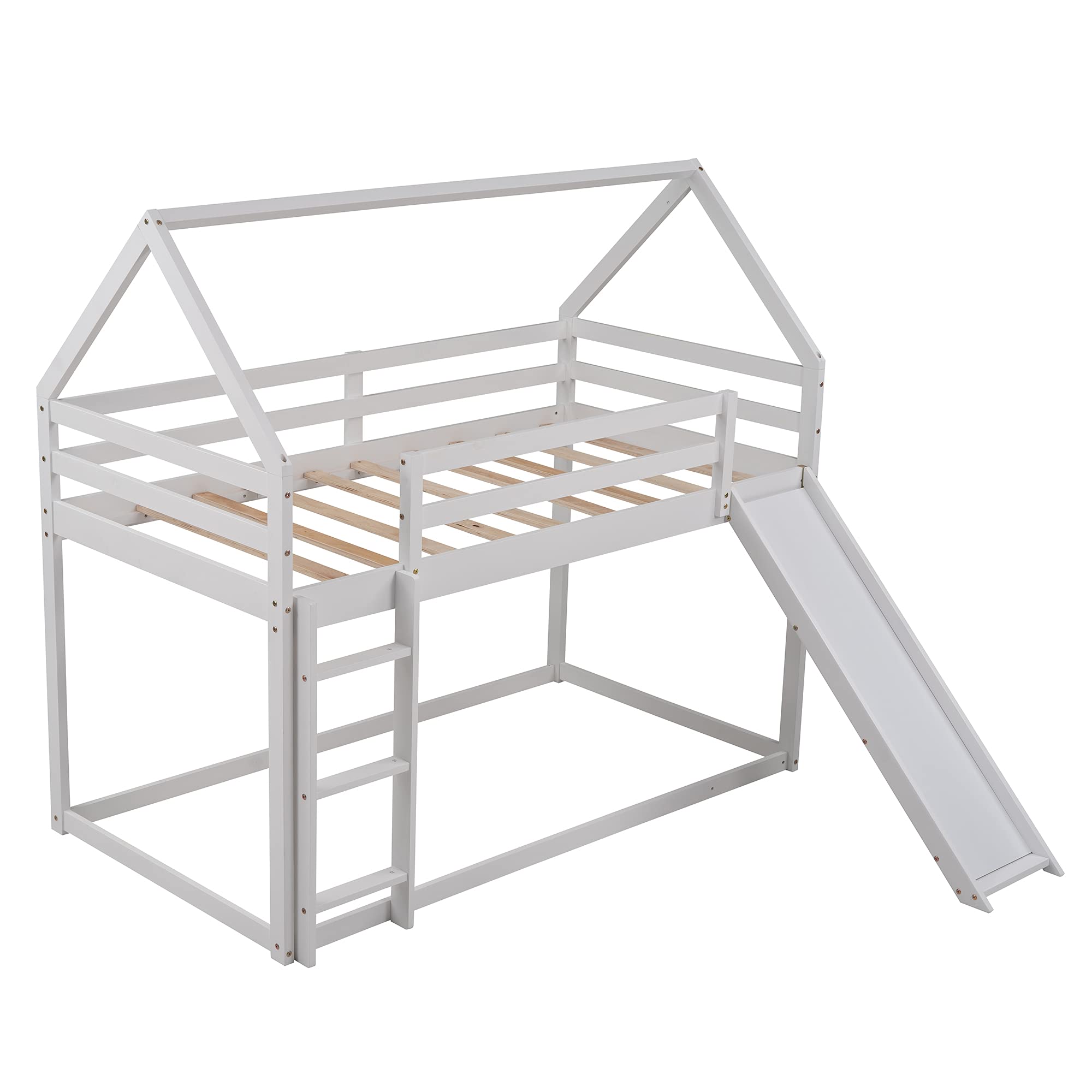 Kids Twin Over Twin House Shape Bunk Bed with Slide - Convertible to Tent, White Wooden Loft Bed for Boys & Girls Bedroom, Dormitory, Playroom - Fun & Space-Saving Children's Furniture