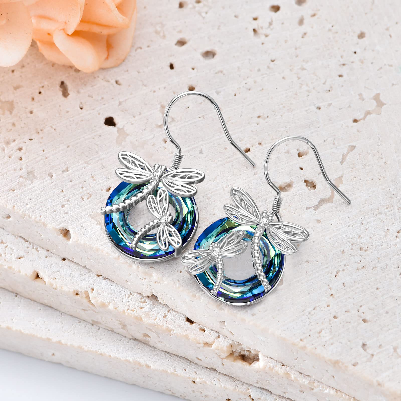 Sterling Silver Dragonfly Earrings with Crystal Circle Dangle Drop – Elegant Jewelry Gift for Women, Mom, Birthday, Christmas – Perfect for Parties, Weddings, and Everyday Wear