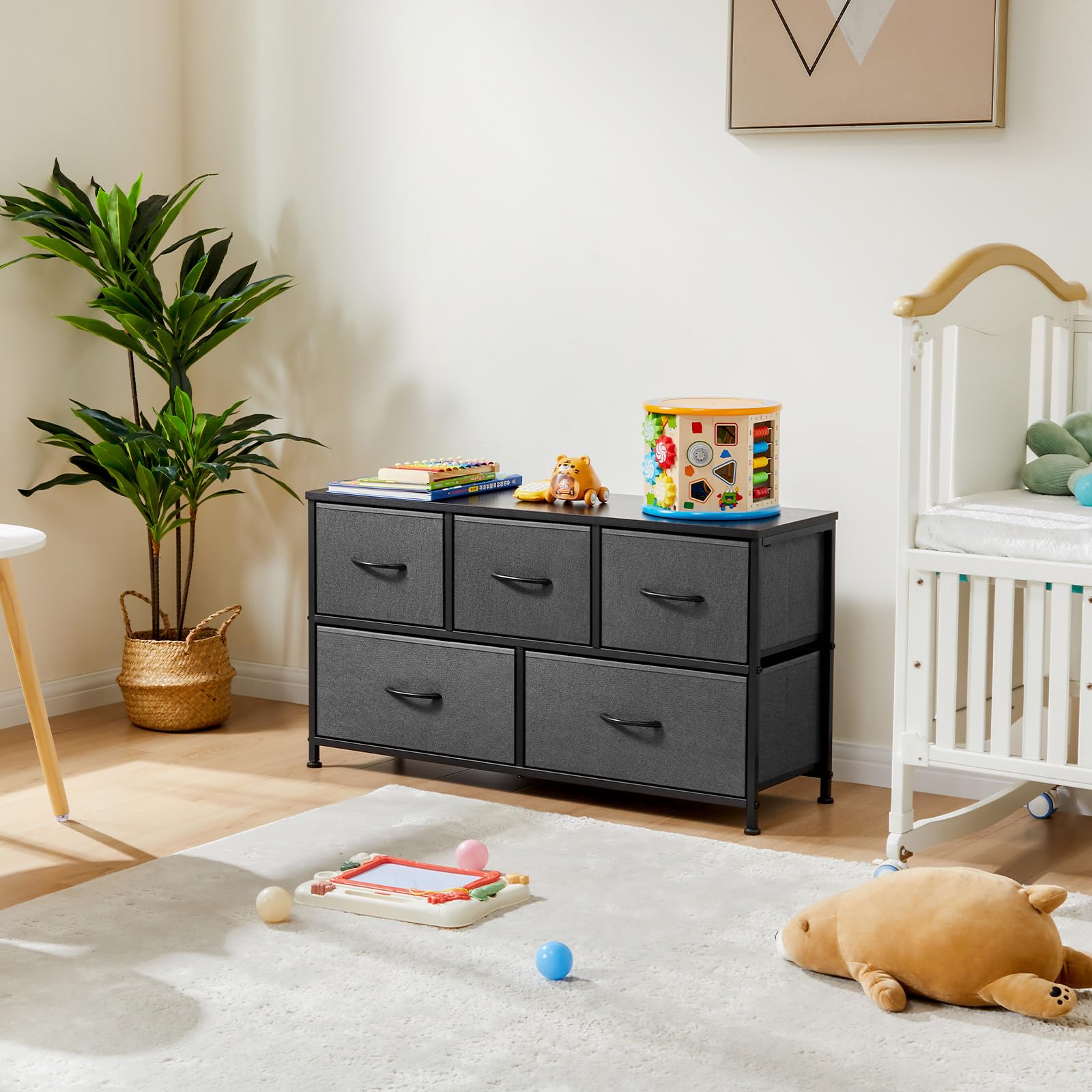 OLIXIS 5-Drawer Fabric Dresser for Bedroom - Wide Storage Chest with Drawer Organizers & Fabric Bins - Grey Closet Organizer for Bedroom, Living Room & Hallway - Perfect for Clothes, Toys & Home Organization