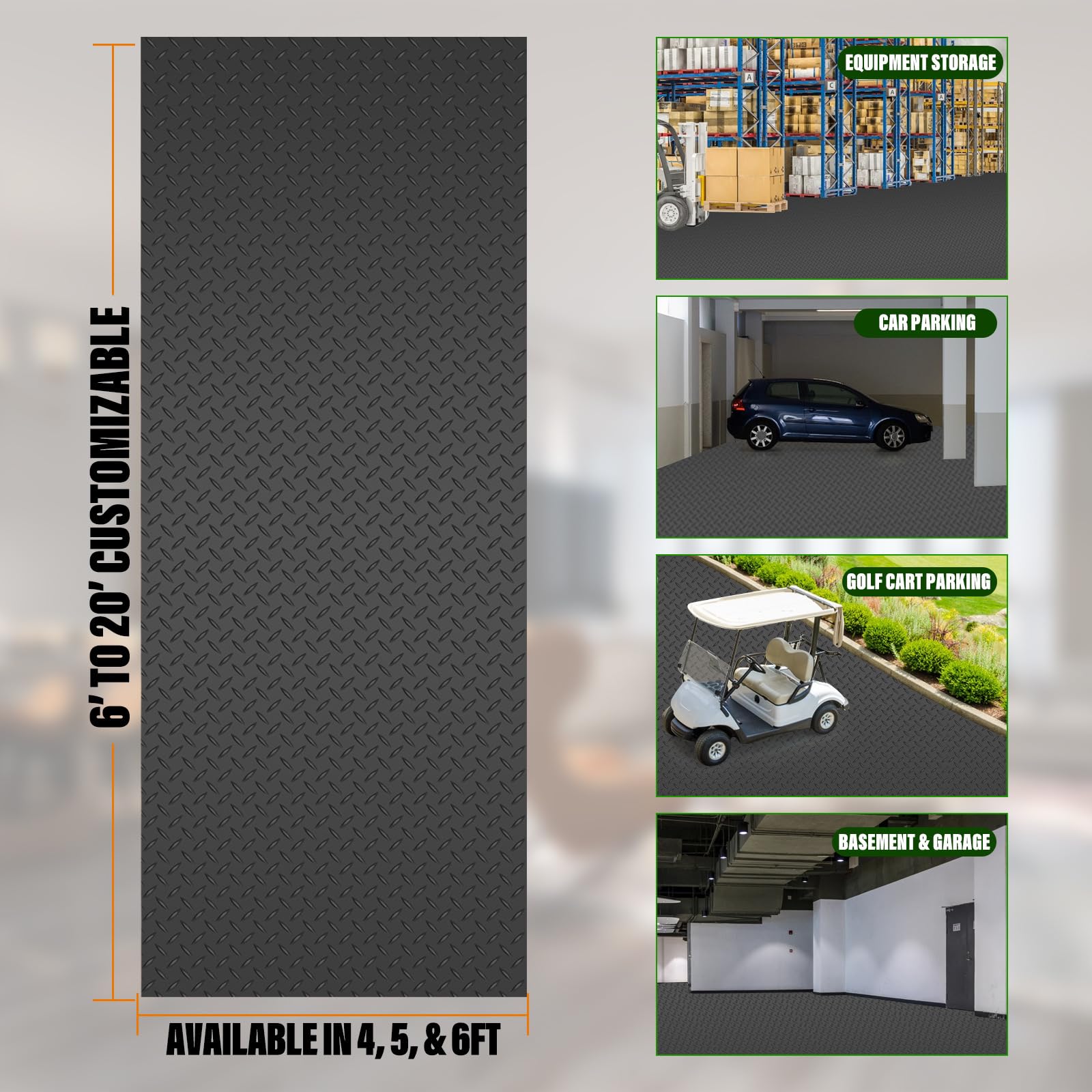 6 x 8 Ft Heavy Duty Garage Floor Mat - 2.8mm Thickened Black Commercial Grade Parking Mat for Garage, Workshop & Driveway - Waterproof, Oil & Stain Resistant with Diamond Plate Texture - Perfect for Car Parking, Golf Cart Storage & Home Gym Protection
