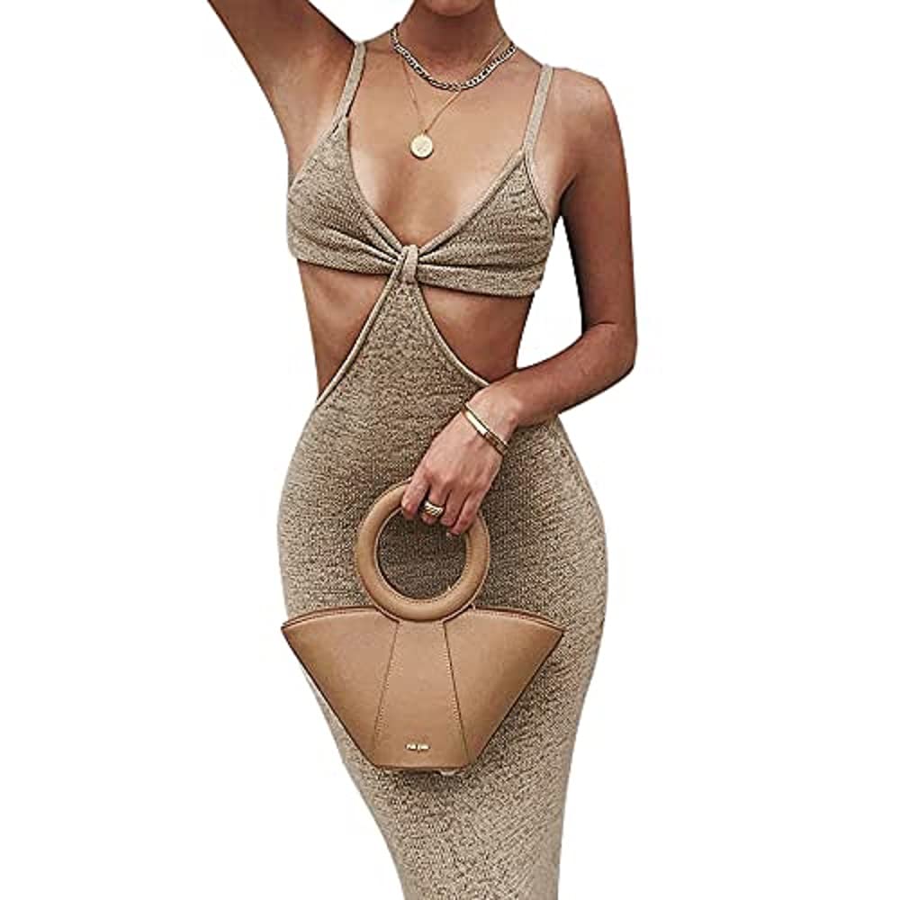 SOLILOQUY Y2K Knitted Cut-Out Bodycon Maxi Dress - Spaghetti Strap Halter Neck Backless Sleeveless Long Dress for Summer Streetwear | Perfect for Beach Parties, Music Festivals & Night Out